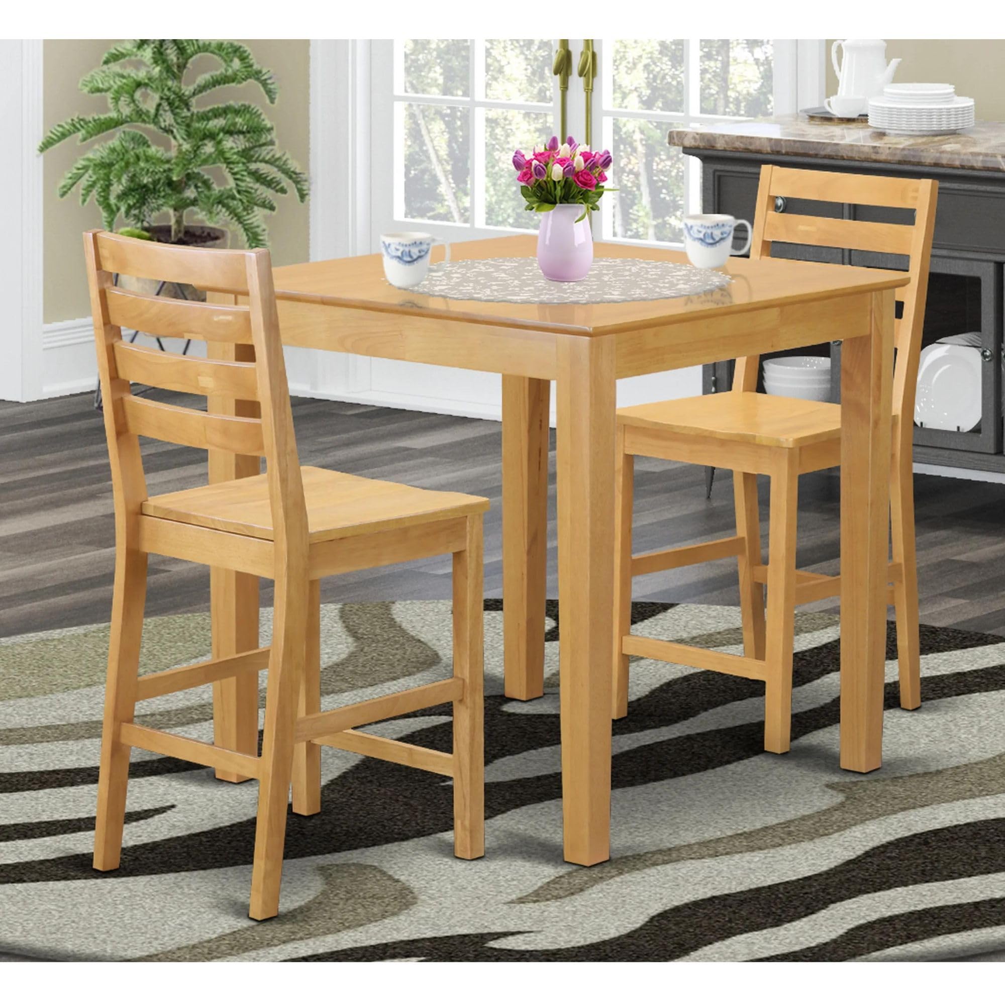 East West Furniture 3-Piece Counter Height Dining Set - 36x36 Inch Square Oak Table with 2 Kitchen Chairs | Modern Breakfast Nook & Small Space Dining Solution | PBCF3-OAK-W
