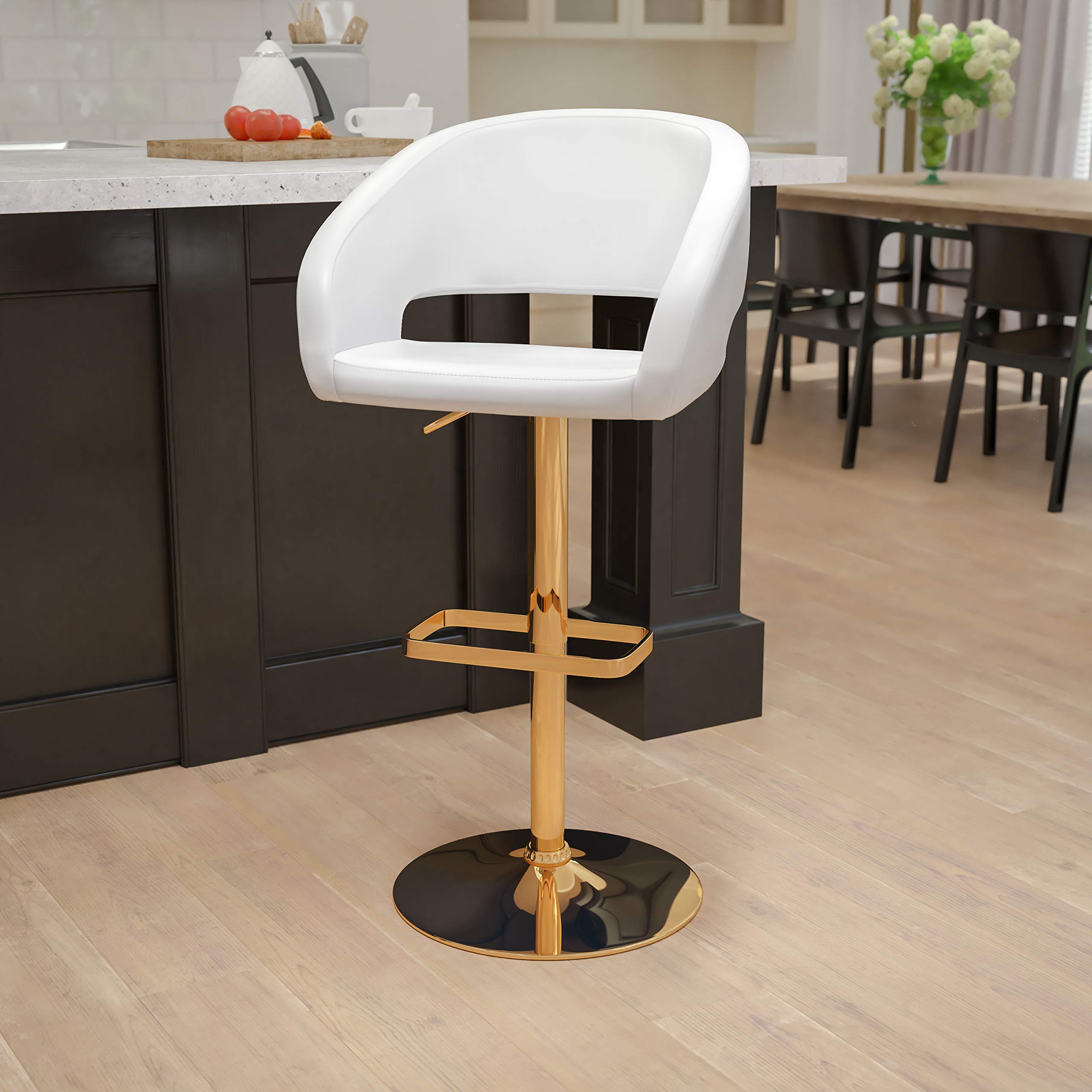 EMMA + OLIVER White Vinyl Adjustable Height Barstool with Rounded Mid-Back and Gold Base - Modern Kitchen Island & Bar Counter Stool for Home & Restaurant Use