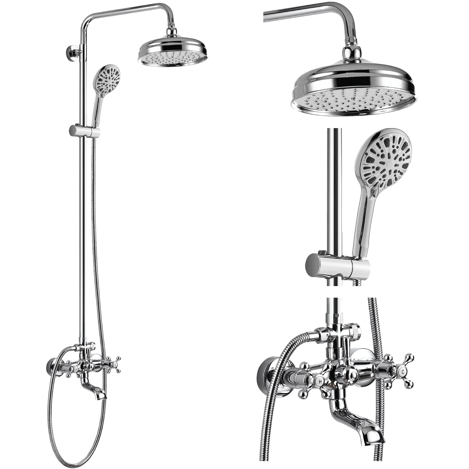 Gotonovo 8 Inch Round Rain Shower Head with Double Cross Handle & Tub Spout - 3 Function ABS Handheld Sprayer, Wall Mount Bathroom Faucet in Polished Chrome - Perfect for Modern Bathrooms & Spa-Like Showers
