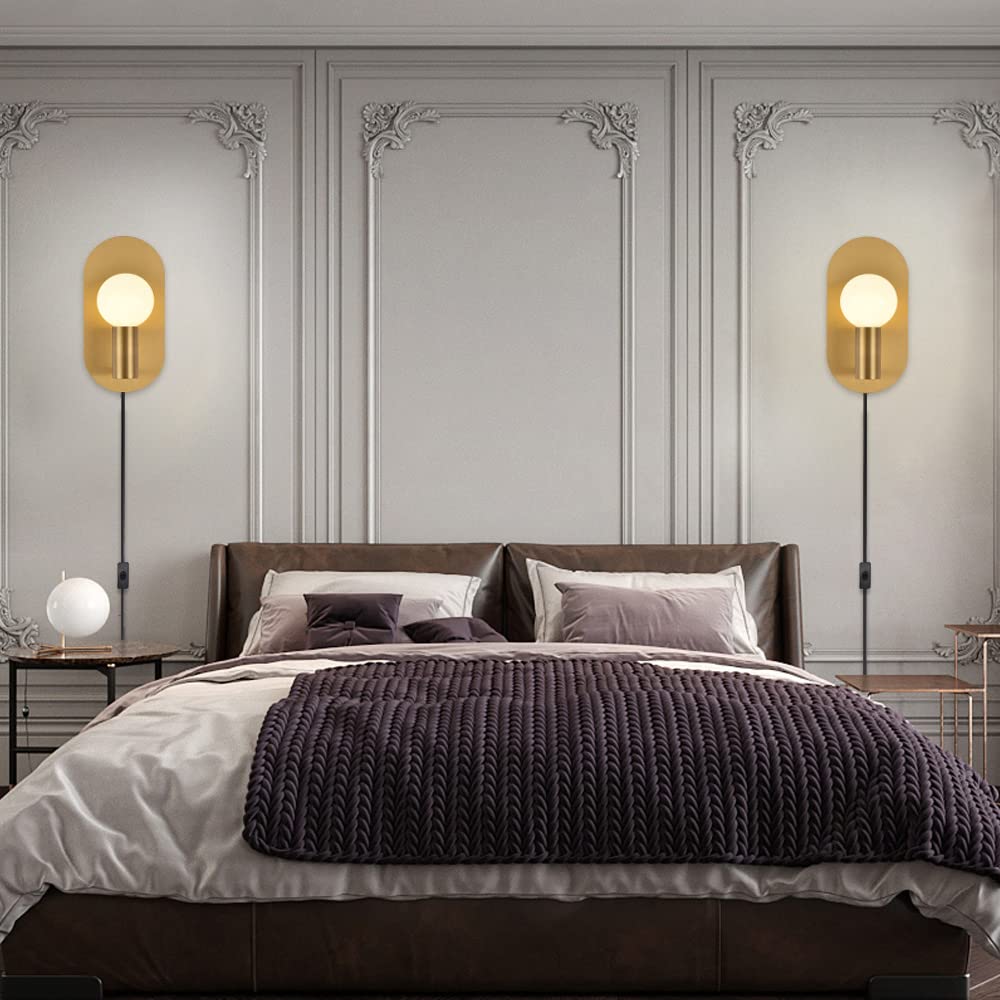 Gold Plug in Wall Sconce Set of 2 - Modern Brushed Stainless Steel Wall Lighting with On/Off Switch - Bedroom, Living Room & Bathroom Wall Mount Light Fixture for Home Decor and Ambient Lighting