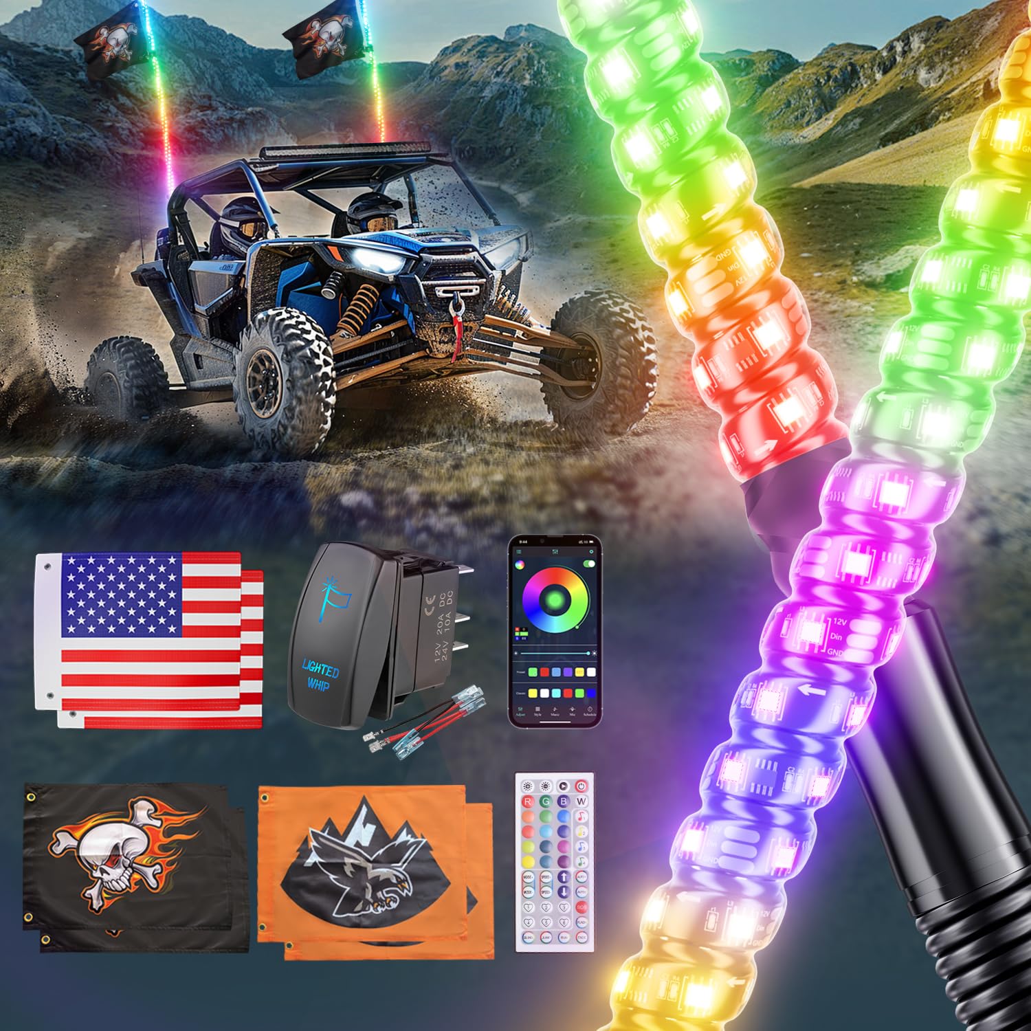 2 Pack 4FT LED Whip Lights with Spring Base & Rocker Switch - APP & Remote Control, 366 RGB Spiral Chasing Modes, Includes 6 Nylon Flags - for UTV ATV RZR SXS Can-Am Off-Road Vehicles (Perfect for Night Rides, Off-Road Adventures & Vehicle Customization)