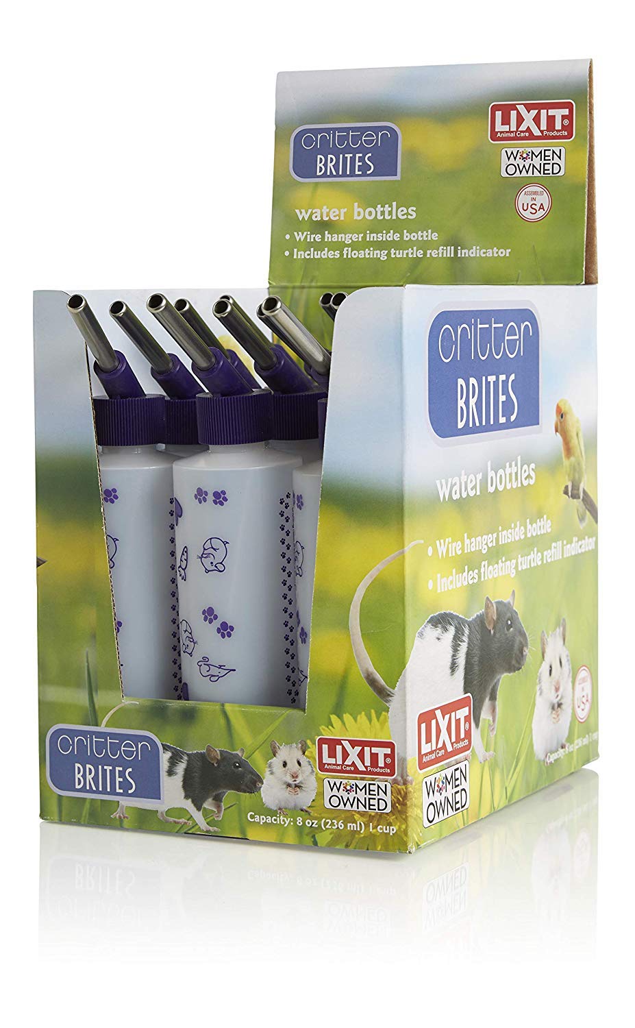 Lixit 8oz Small Animal Water Bottles with Display Case - Leak Proof Drinking Bottle for Rabbits, Ferrets, Chinchillas, Rats, Mice & Guinea Pigs - Perfect for Cages, Hutches & Pet Travel Carriers
