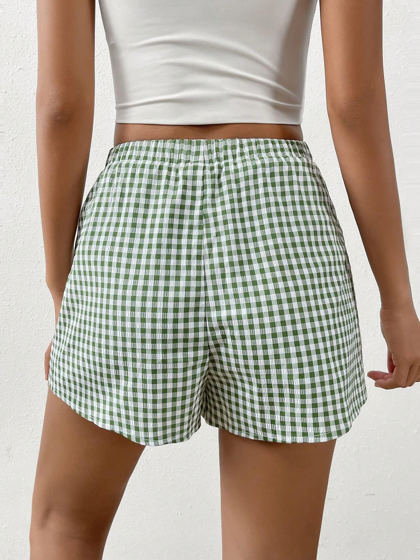 THAYLA Women's Summer Shorts - Gingham Print Elastic Waist Shorts for Casual Wear, Beach, and Outdoor Activities