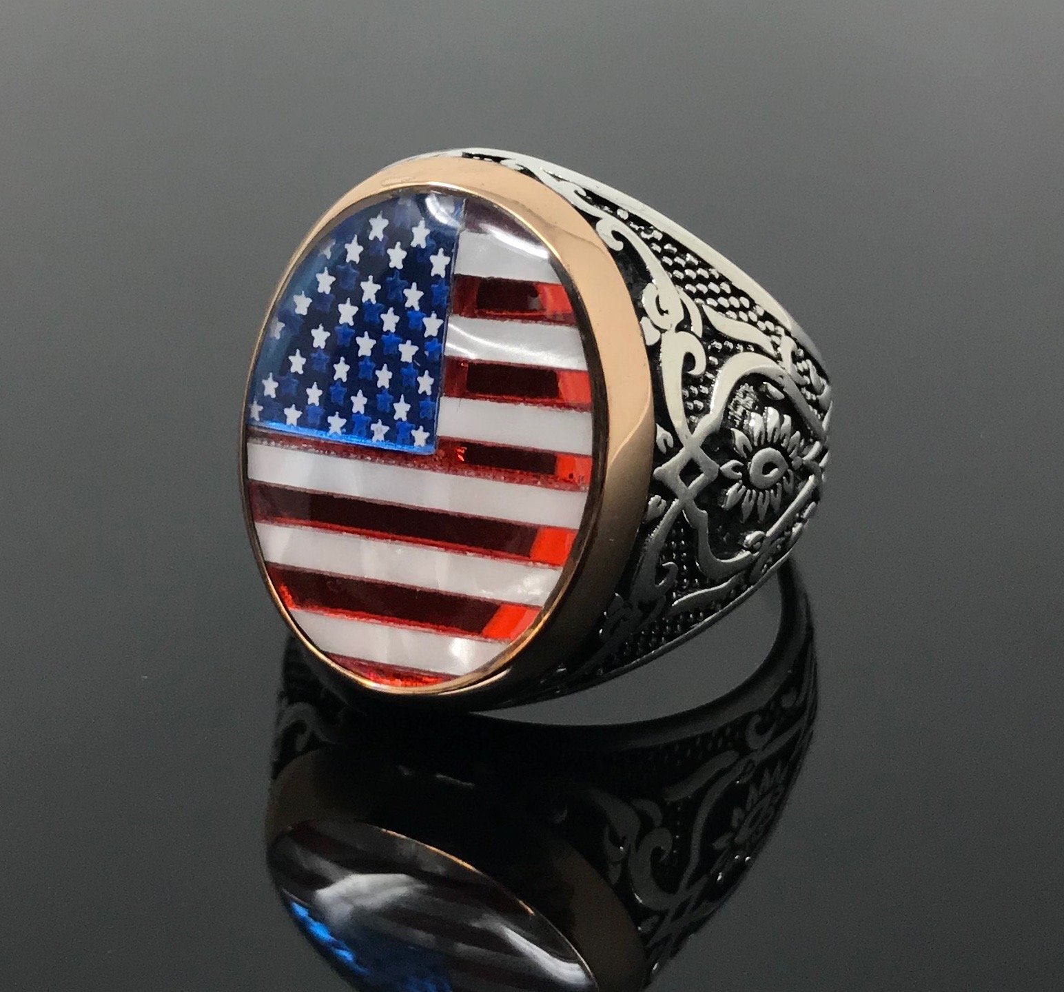 KAR 925K Sterling Silver Enameled American Flag Men's Ring - Special Edition K61L - Patriotic Jewelry Gift for Him, Veterans Day, Independence Day & Everyday Wear