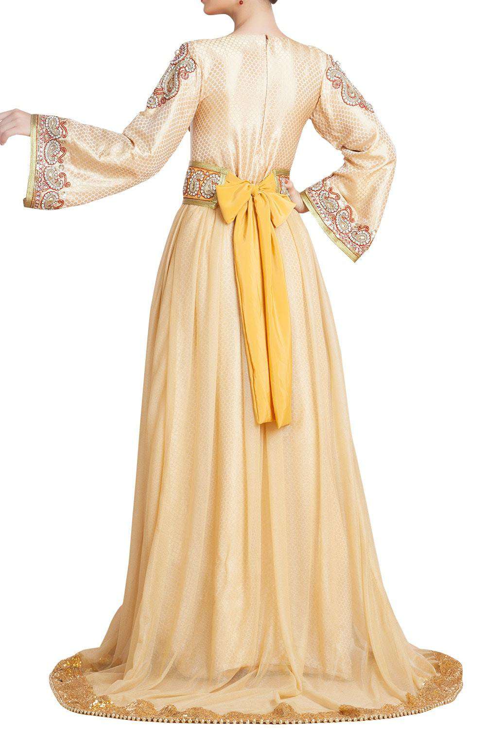 Elegant Gold Hand-Beaded Dubai Moroccan Style Wedding Caftan Dress for Women - Perfect for Bridal, Evening Gala & Special Occasions
