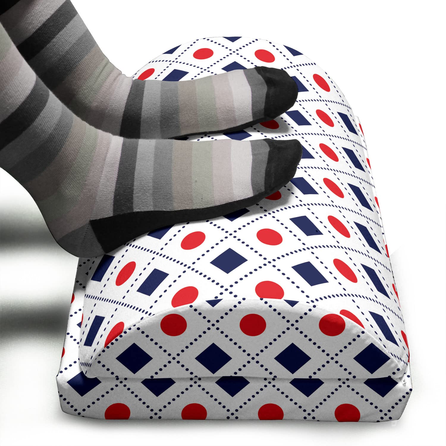 Ambesonne Navy Blue & Red Foot Rest - Non-Slip Ergonomic Memory Foam Leg Support with Geometric Tile Print - Perfect for Office, Home & Gaming Chairs (Adjustable Height, Red/White/Navy)