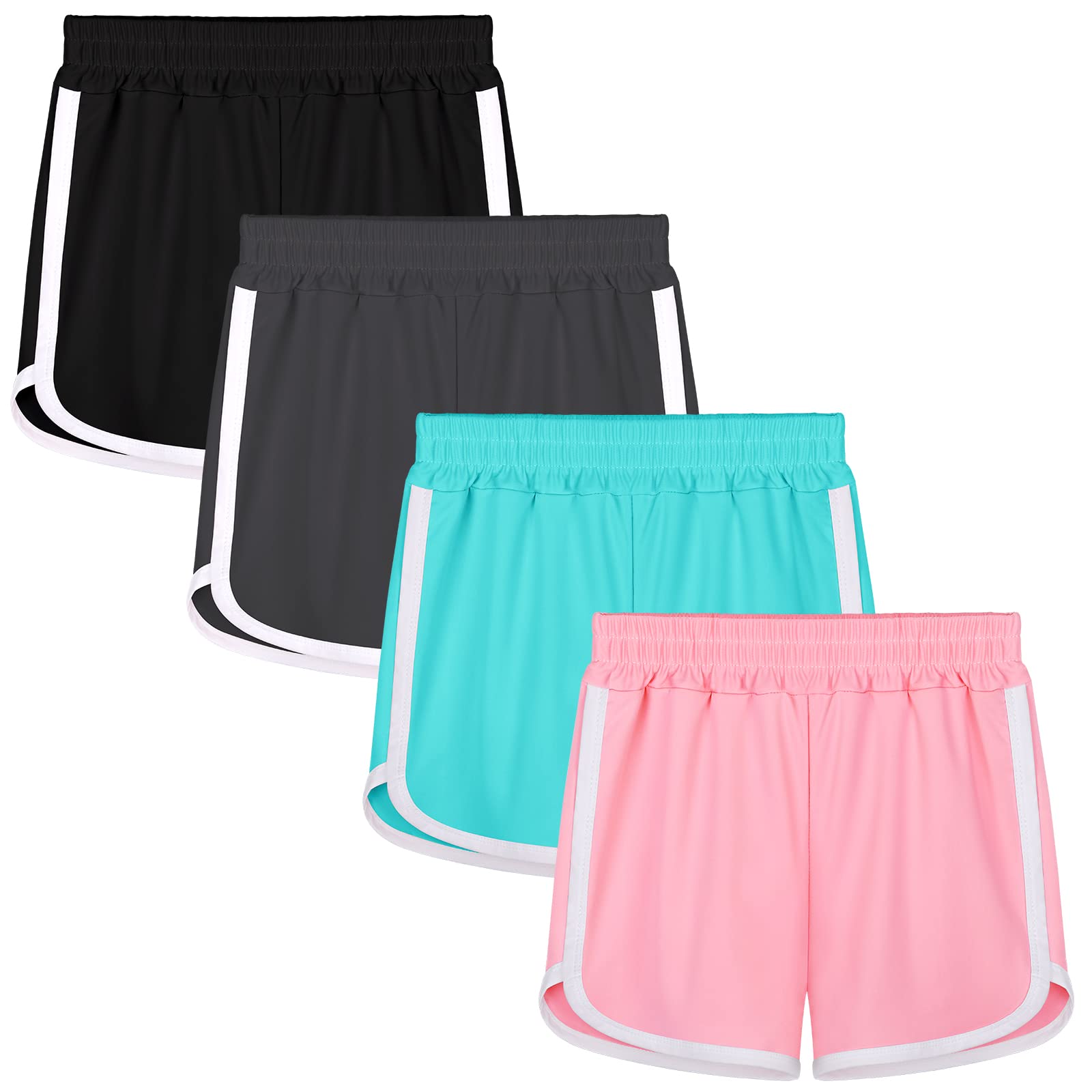 Resinta 4 Pack Girls' Running Shorts - Quick Dry Athletic Shorts for Kids, Polyester Active Workout Shorts with Dolphin Design - Perfect for School PE, Sports Training & Summer Play