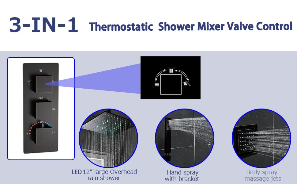 Oil Rubbed Bronze Thermostatic Shower System - 12 Inch Rainfall Shower Head, 6 Body Jets & Handheld Shower | Complete Bathroom Faucet Set for Luxurious Spa Experience at Home