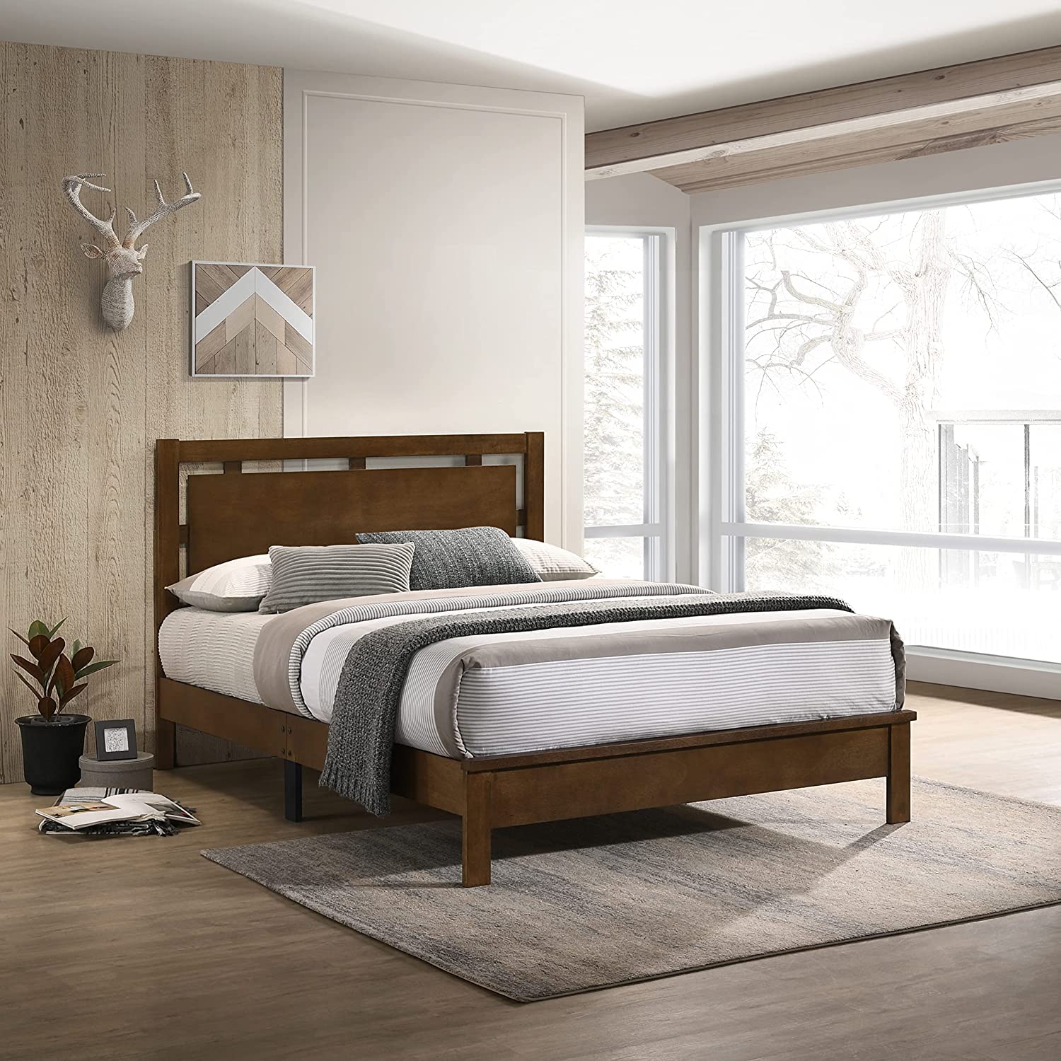 Gemini Solid Wood Full Size Platform Bed Frame - Natural Wood Finish, Sturdy All-in-One Design for Modern Bedrooms | Perfect for Small Spaces, Guest Rooms & Minimalist Home Decor