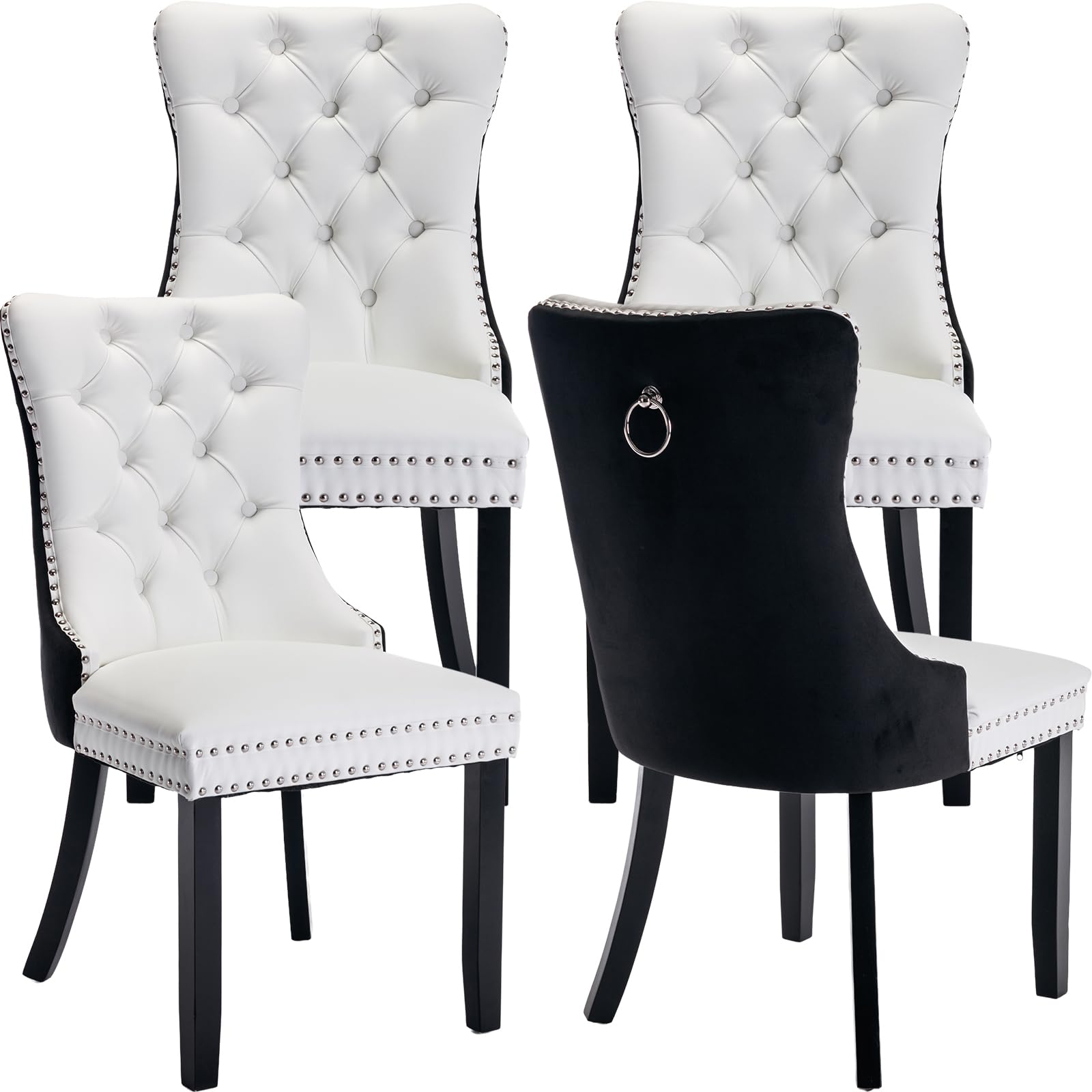 Luxury Velvet & PU Leather Dining Chairs Set of 4 - Tufted Upholstered Kitchen & Dining Room Chairs with Solid Wood Frame (White & Black) - Perfect for Modern Home, Restaurant, and Office Use