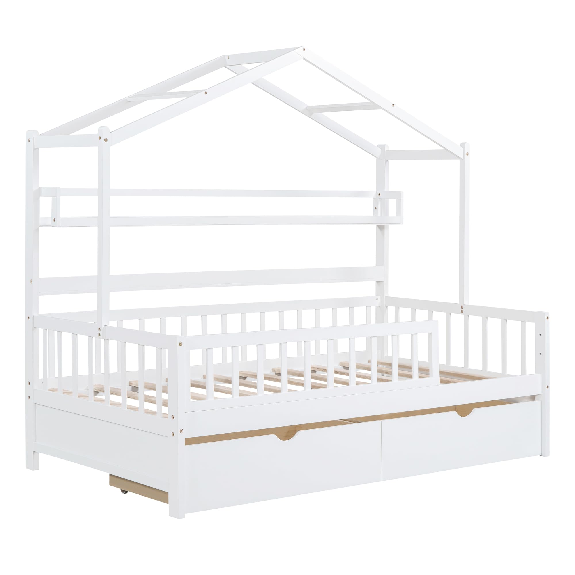 DEINPPA Full House Wooden Bed Frame for Kids with Drawers, Shelf & Safety Guardrails - No Box Spring Needed - Decorative Roof Design - Ideal for Boys, Girls, Toddlers & Children's Bedrooms (White) - Perfect for Small Spaces & Themed Kids' Rooms