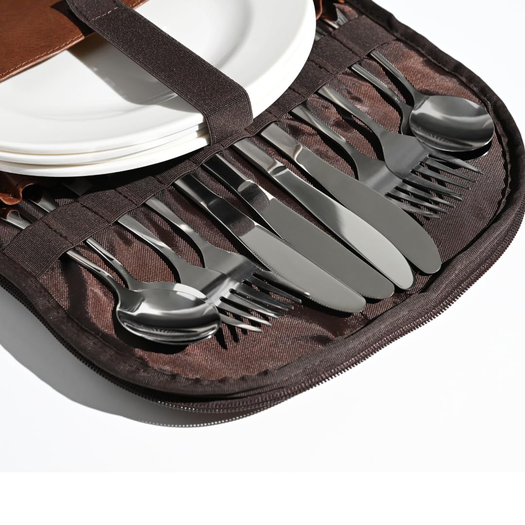 Premium Genuine Leather Picnic Backpack for 4 People - Insulated Cooler Compartment, Soft Blanket, 4 Dinner Plates & Cutlery Set - Luxury Outdoor Picnic Accessories for Couples, Family & Friends (Brown) - Perfect for Beach, Park, Camping & Romantic Dates