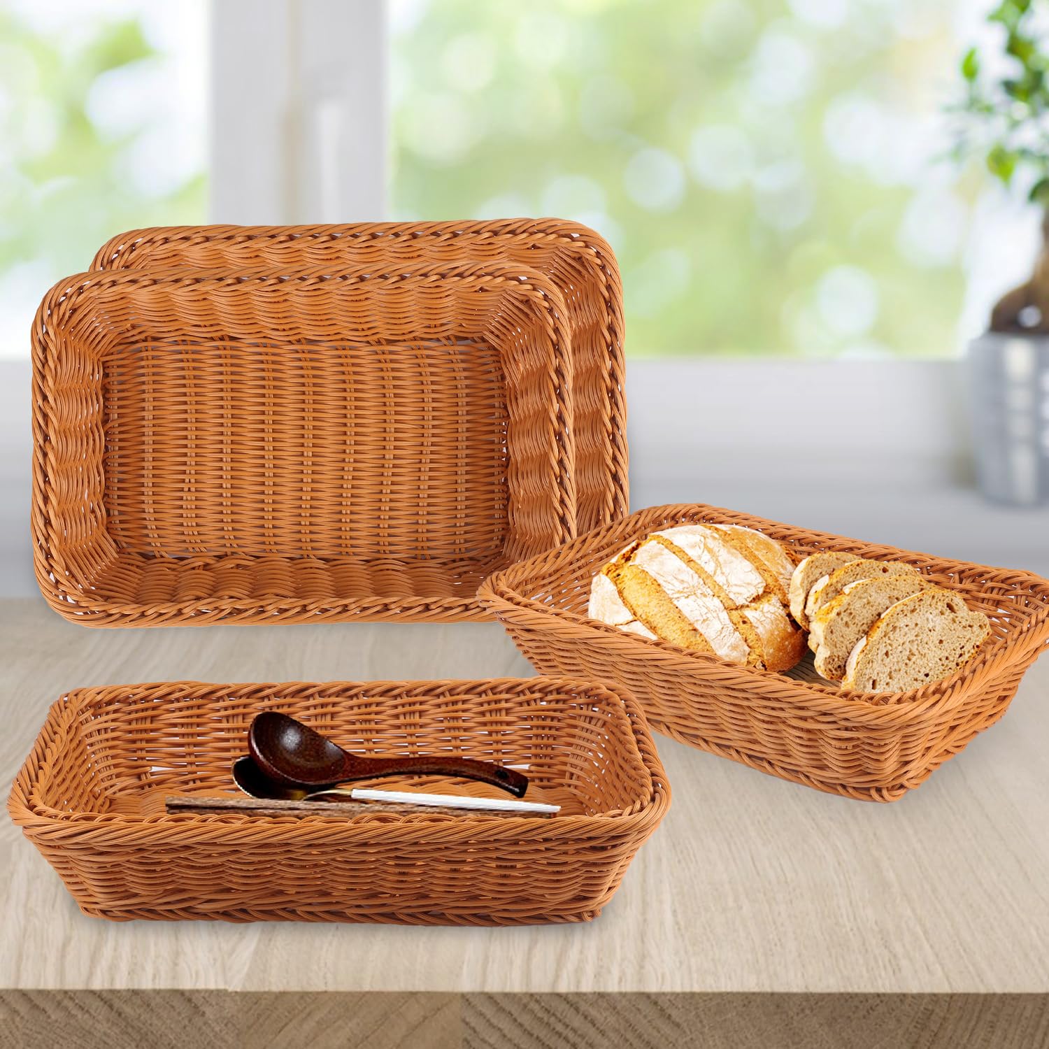 4-Piece 12 Inch Woven Wicker Bread Baskets Set - Natural Brown Rattan Serving Trays for Bread, Fruits, Vegetables & Snacks - Perfect for Restaurants, Bakeries, Family Parties & Hotels - Elegant Tabletop Display & Food Presentation