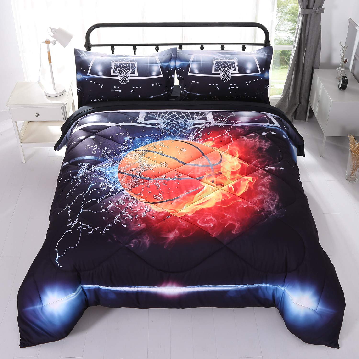 Wowelife Basketball Comforter Set - 5 Piece Full Size Bedding with Comforter, Flat Sheet, Fitted Sheet & 2 Pillowcases - Red Black Sports Theme for Kids & Teens - Breathable Fabric for Basketball Fans' Bedroom Decor
