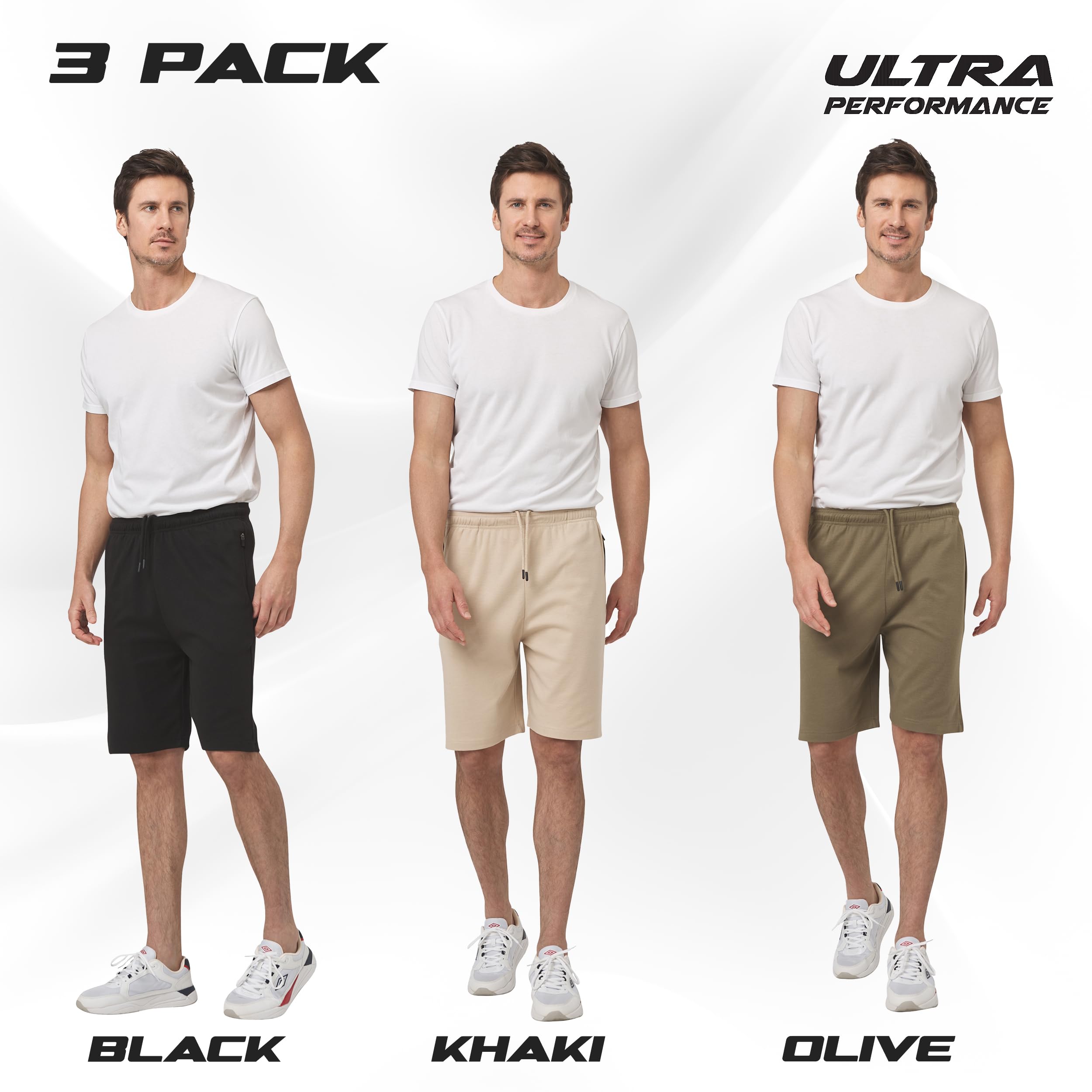 Ultra Performance 3 Pack Men's Athletic Shorts - Gym Workout Running Casual Shorts with Zipper Pockets (Sizes Small to 5X) - Perfect for Training, Jogging & Everyday Wear