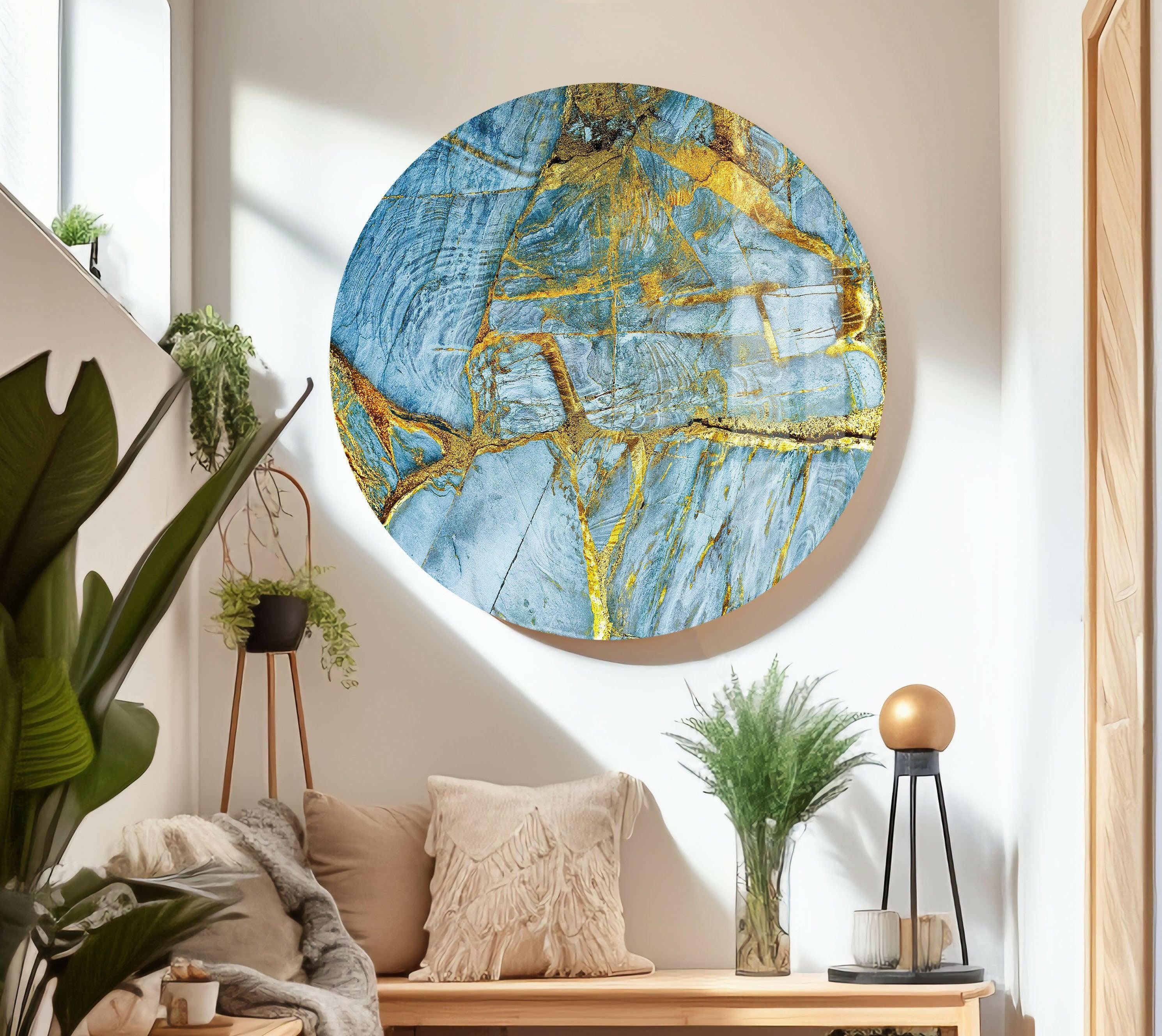 Blue Abstract Marble Art Glass Wall Decor - Modern Handmade Glass Wall Art for Living Room, Bedroom & Office Decor