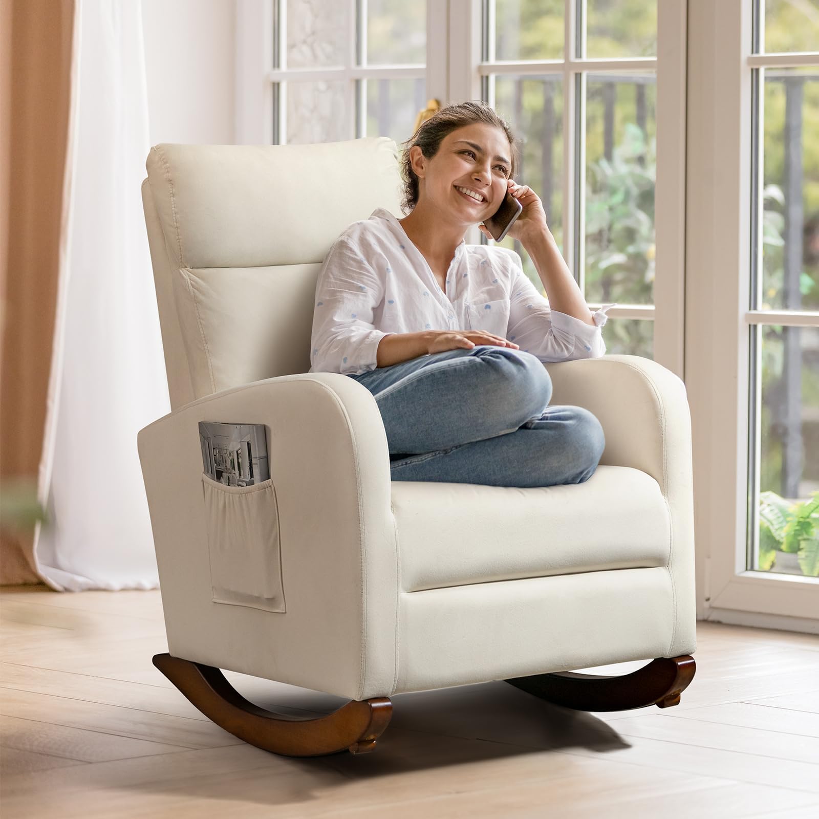 AVAWING Nursery Rocking Chair - Upholstered Glider Chair with Solid Wood Legs & Side Pockets - High Back Rocker for Living Room, Bedroom, Nursery (Beige) - Perfect for Breastfeeding, Reading & Relaxing