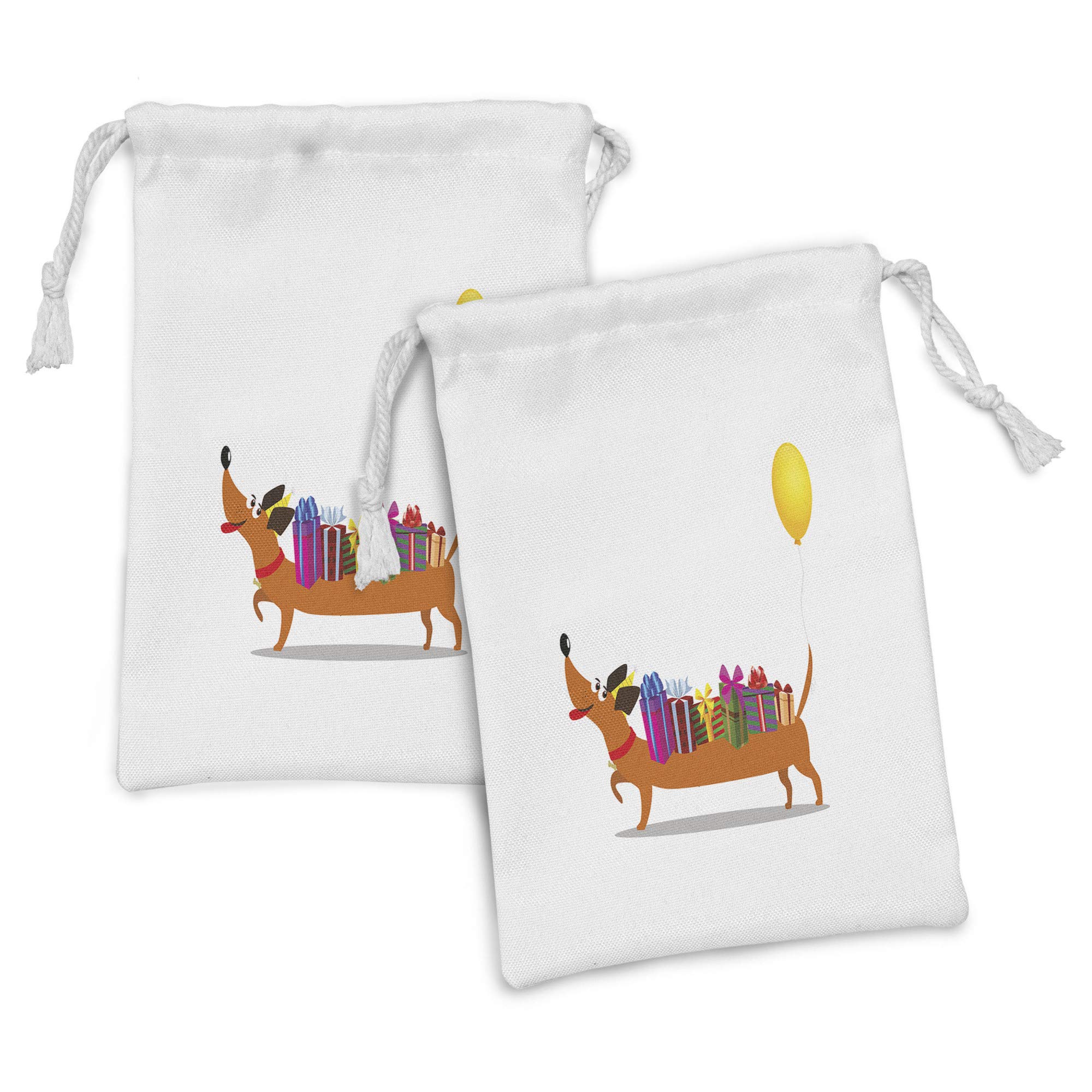Ambesonne Dachshund Fabric Pouch Set of 2 - Cute Cartoon Sausage Dog Design with Gift Box & Balloon Tail - Small Drawstring Bags for Toiletries, Masks, Party Favors (9