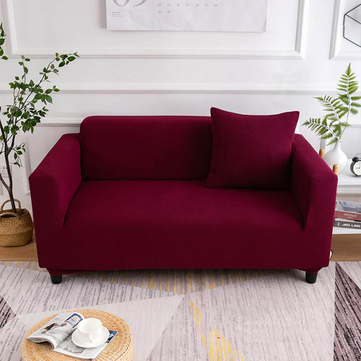 YOPOIY Jacquard Stretch Sofa Slipcover - Pet Friendly, Anti-Slip, Thickened Furniture Protector with Small Checked Pattern (Red, 1-Seater 90-140cm) - Perfect for Living Room, Bedroom, or Office Sofa Protection
