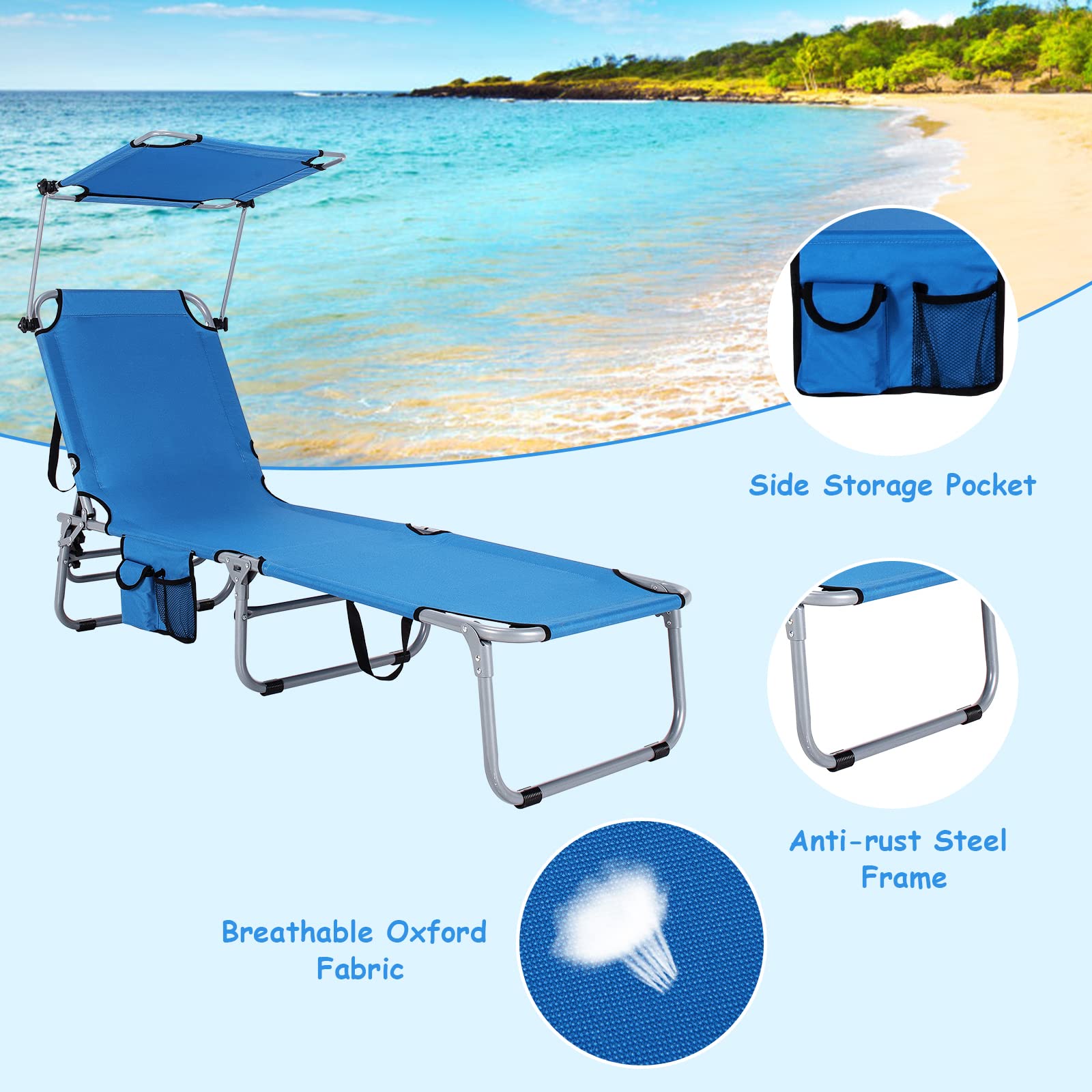 Tangkula 5-Position Folding Reclining Beach Chair with 360° Adjustable Canopy & Side Storage Pocket - Portable Outdoor Lounge Chair for Beach, Pool, Patio, Backyard, Camping & Sunbathing (Navy Blue, 2 Pack)