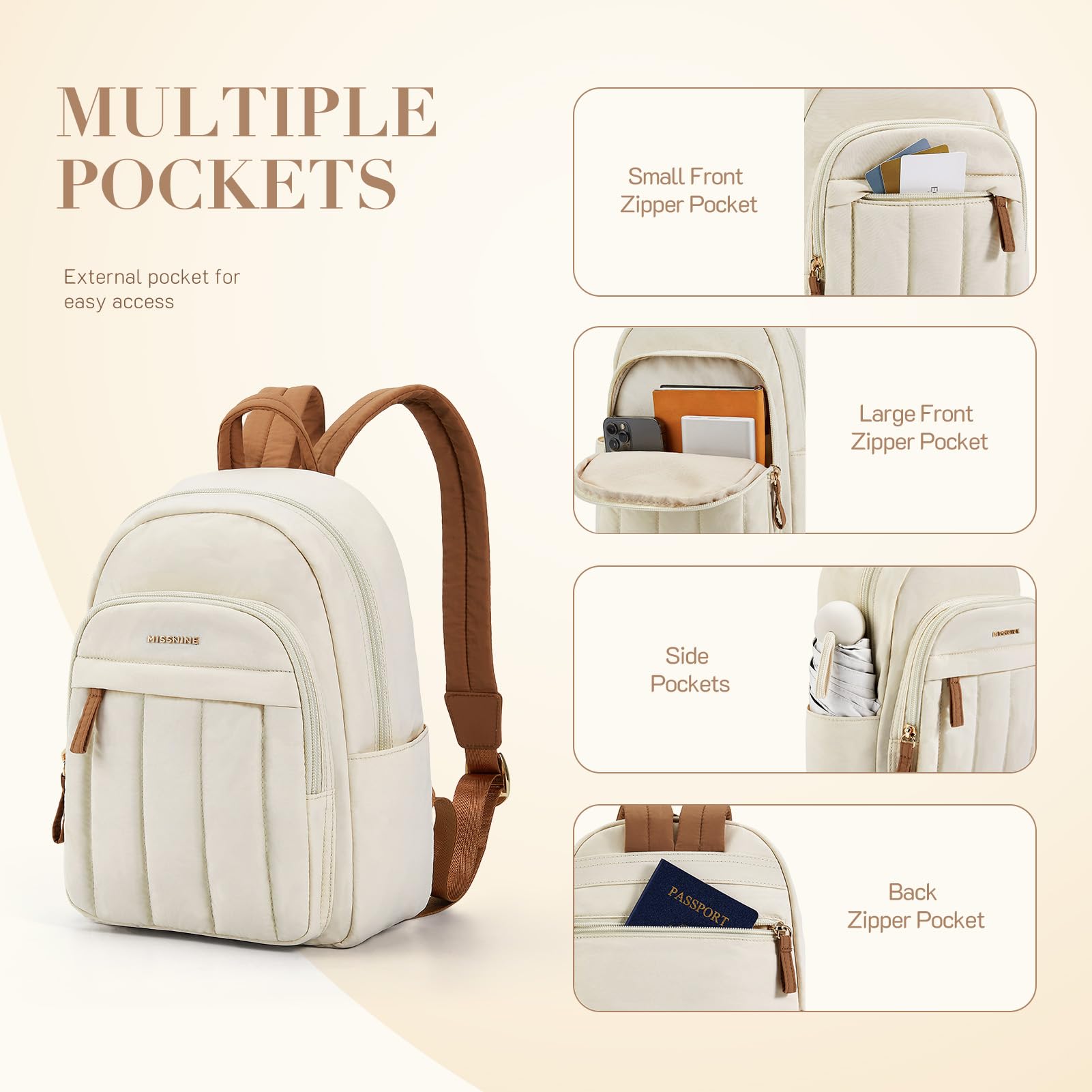 Missnine Mini Backpack for Women - Lightweight Quilted Small Backpack Purse, Water-Resistant Puffer Daily Bag in Brown & Beige - Perfect for Travel, School, and Everyday Use