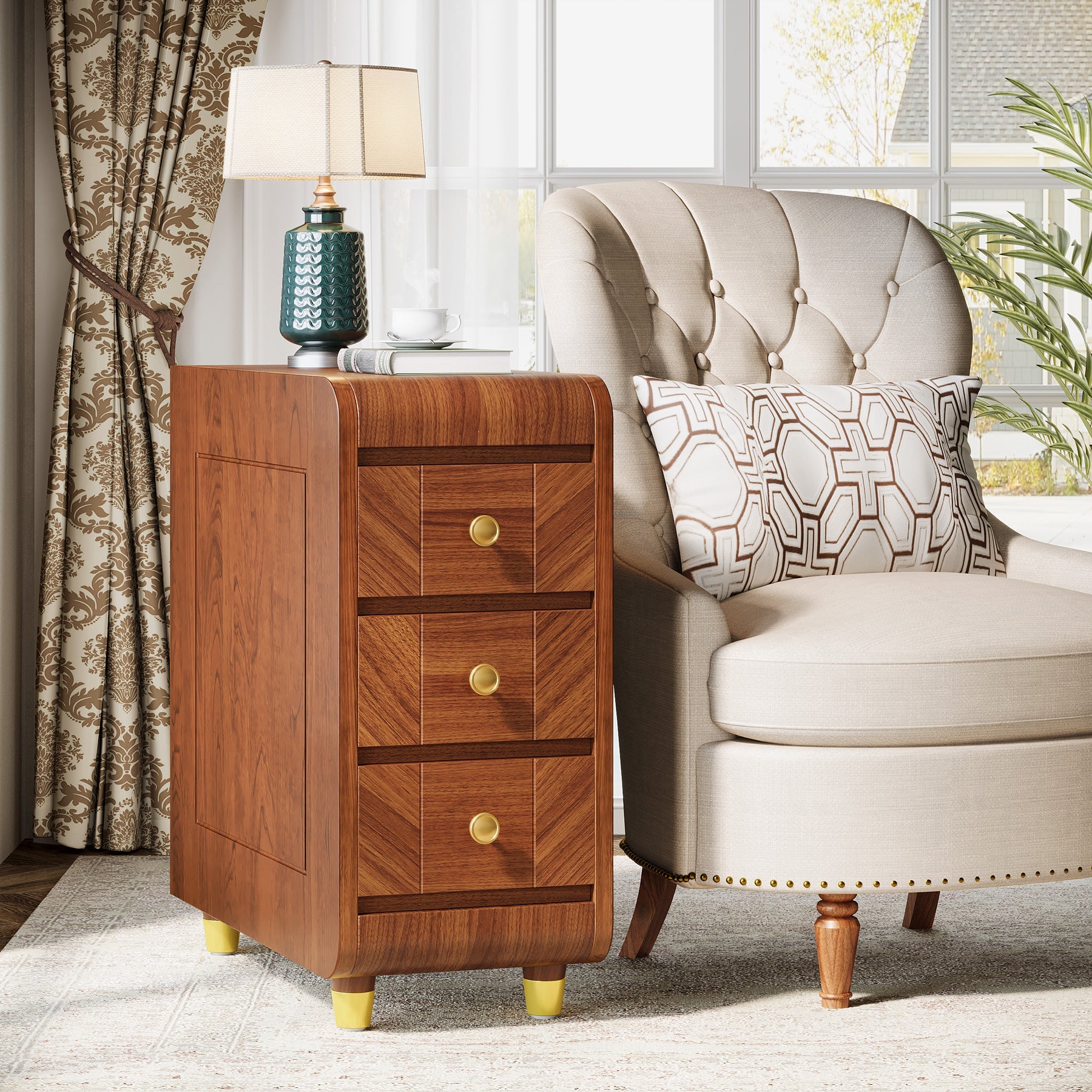 3 Drawer End Table - Small Classic Sofa Side Table & Bedside Nightstand with Storage | Perfect for Living Room, Bedroom & Office Use