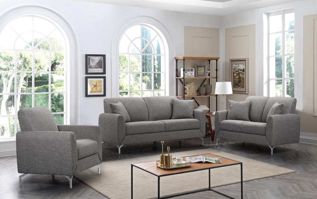 Modern Grey Fabric Living Room Set with Chrome Accents - Stylish Sofa & Loveseat for Contemporary Home Decor | Perfect for Small Spaces & Apartments