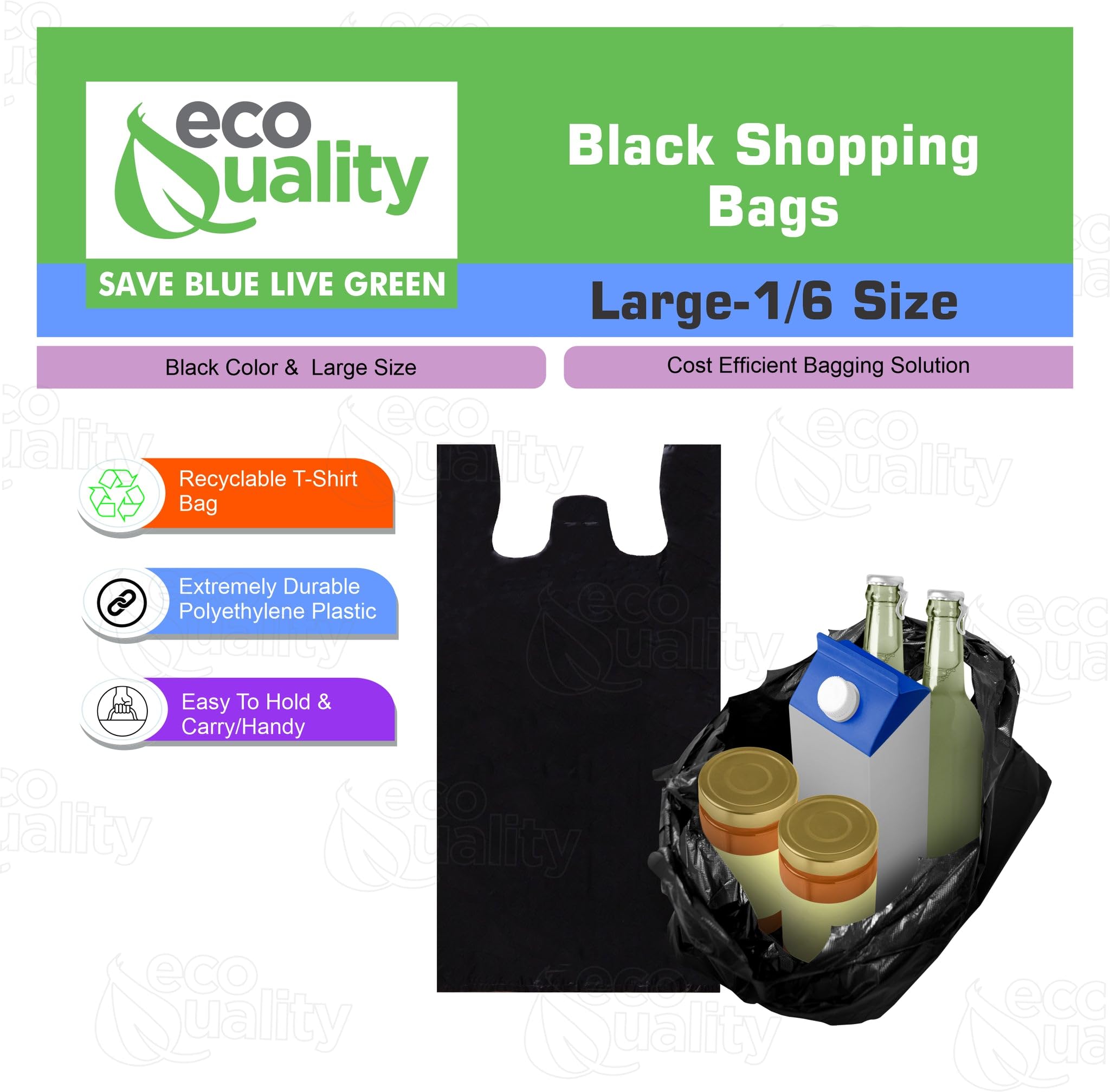 EcoQuality Plastic Black T-Shirt Bags 3000 Count - 1/6 Size Reusable Shopping Bags, Grocery Bags & Poly Bags (11x6x21 Inches, 13 Micron) - Perfect for Retail Stores, Supermarkets, Restaurants & Home Organization