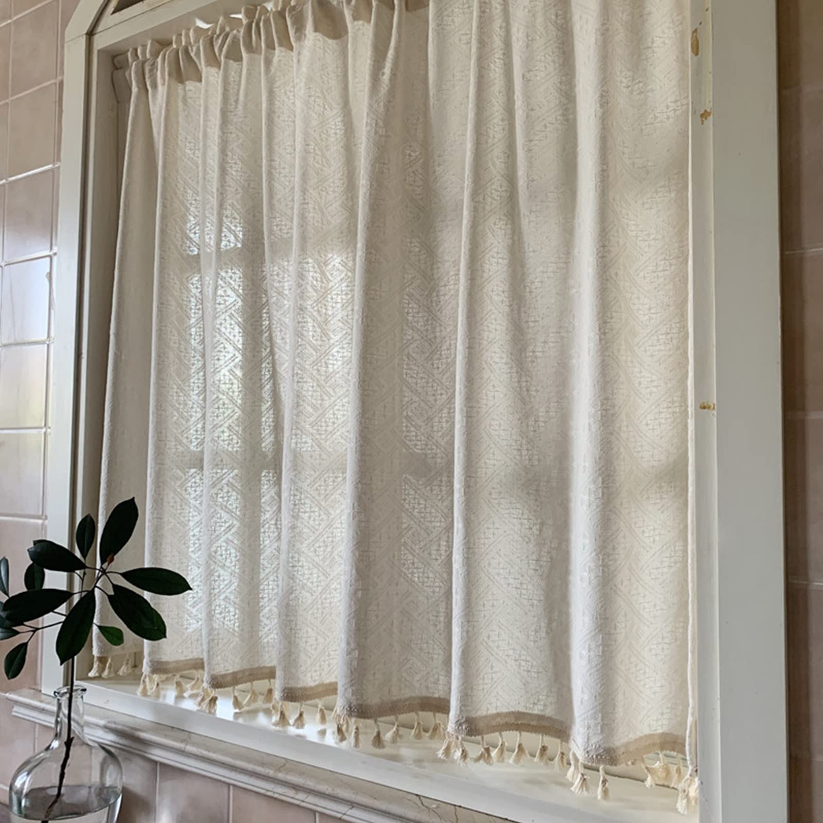 Half Small Short Curtains Valance - Cotton Linen Nordic Style Window Treatments for Cafe, Kitchen, Coffee Shop & Bistro (220x200cm) - Perfect for Small Windows, Doorways and Breakfast Nooks