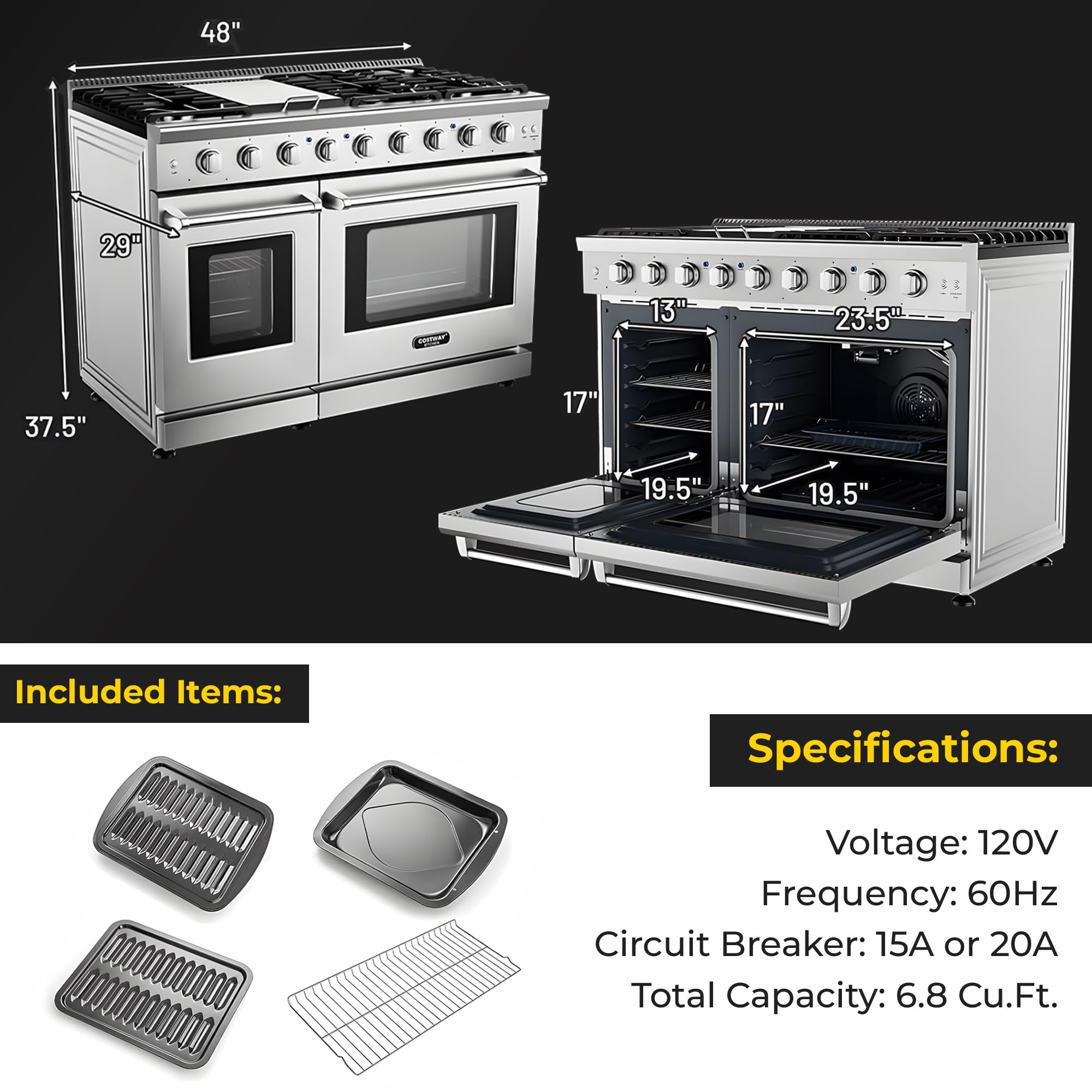 48-Inch Pro-Style Natural Gas or Propane Range with 6 High-Powered Burners, Griddle Cooktop & 6.8 cu. ft. Double Oven - Stainless Steel - Perfect for Home Chefs & Large Family Cooking