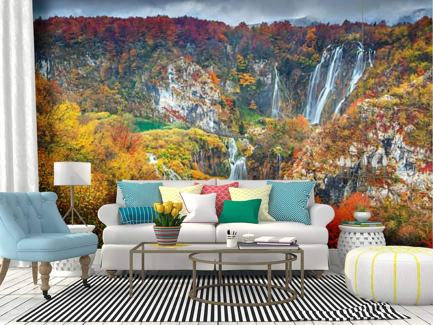 Stunning Autumn Landscape Wall Mural - Plitvice Waterfalls Peel & Stick Wallpaper | Self-Adhesive Removable Vinyl Film for Home Decor | Perfect for Living Room, Bedroom, Nursery & Office Walls