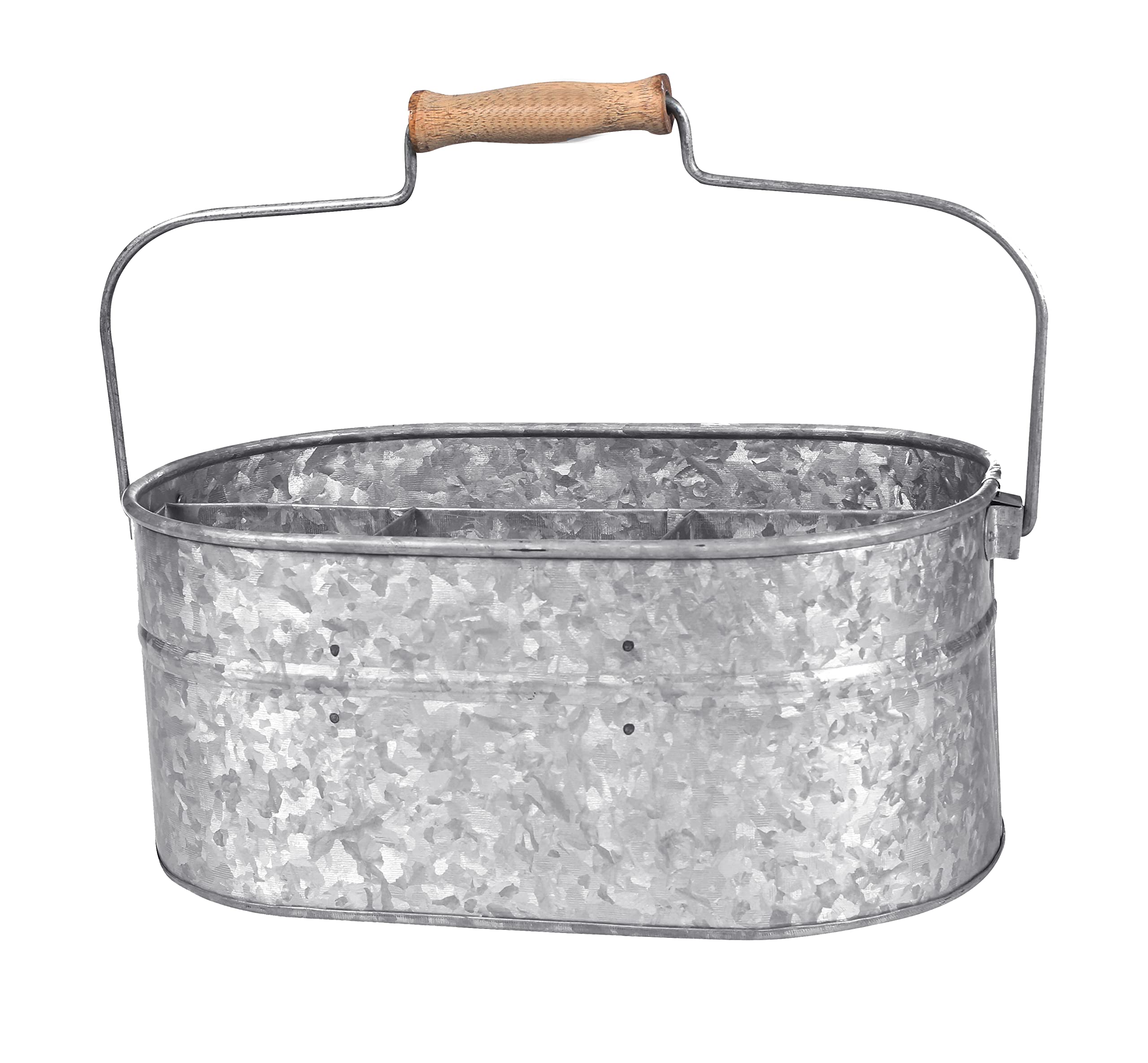 Rustic Farmhouse Metal Storage Caddy with Wooden Handle - 4 Compartment Galvanized Organizer for Kitchen Utensils, Picnic Supplies & Garden Tools - Hammered Antique Grey Finish - Perfect for Home, Office & Outdoor Use