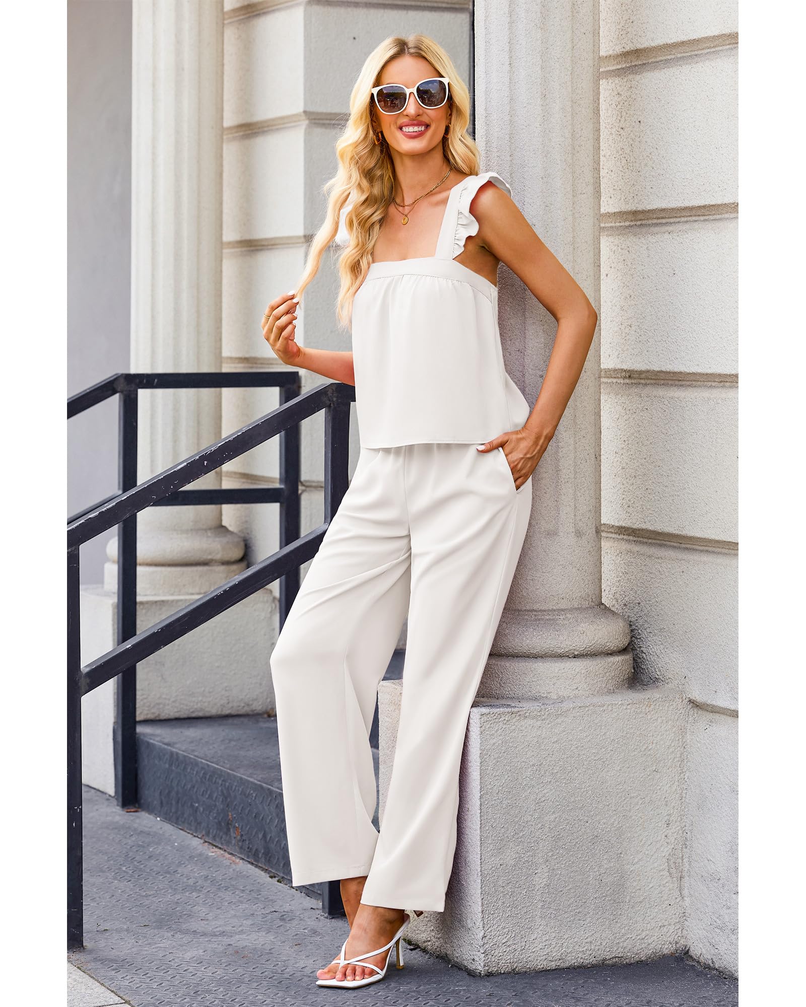 Luvamia Women's Two Piece Outfits - Flowy Square Neck Top & High Waisted Wide Leg Pants with Pockets | Summer Vacation Outfit Set | Beach, Travel, Casual Wear