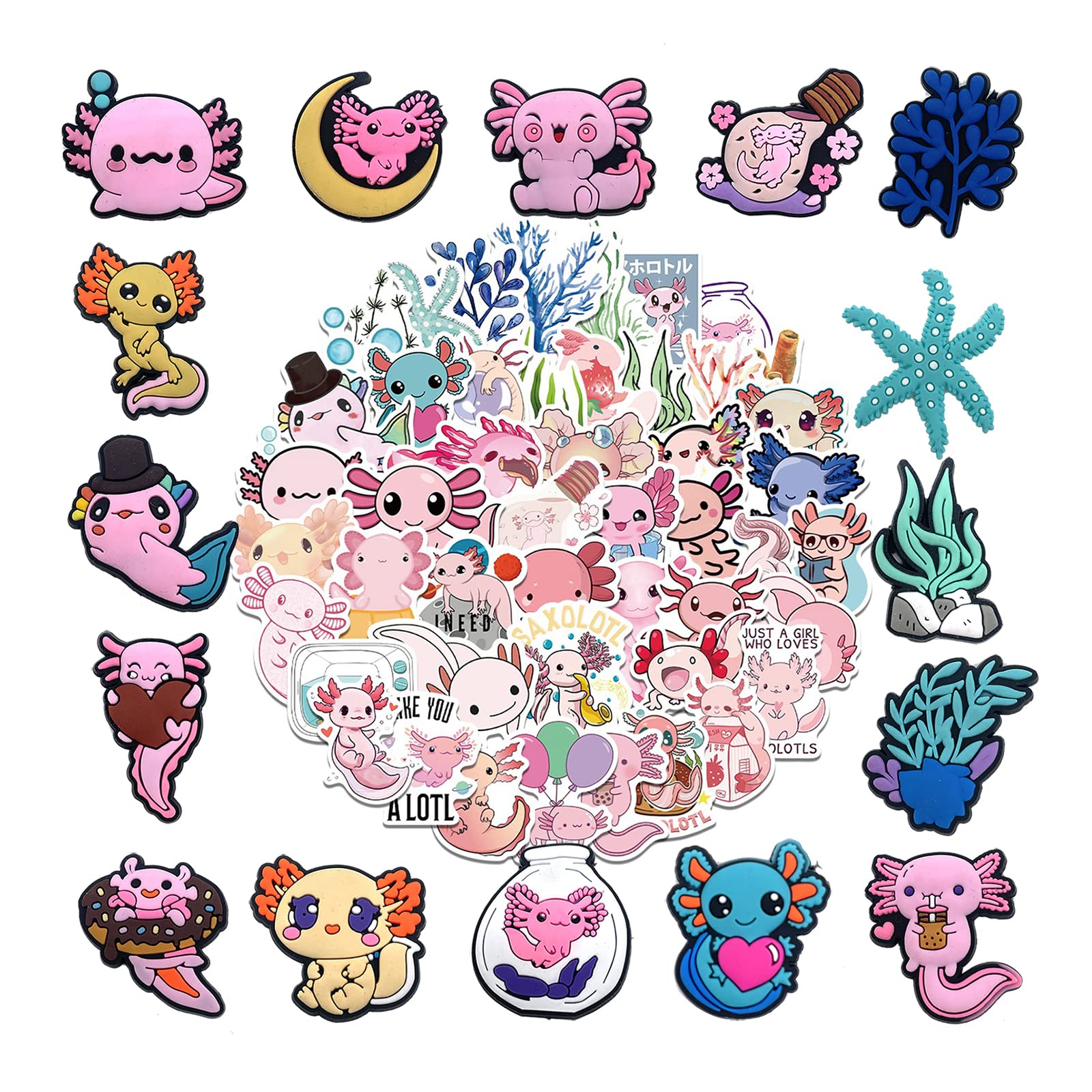 16 Pcs Cute Axolotl Shoe Charms for Girls & Adults - Pink Axolotl Accessories with 50 Pcs Stickers - Perfect for Axolotl Themed Parties, DIY Crafts, and Kawaii Fashion Decoration