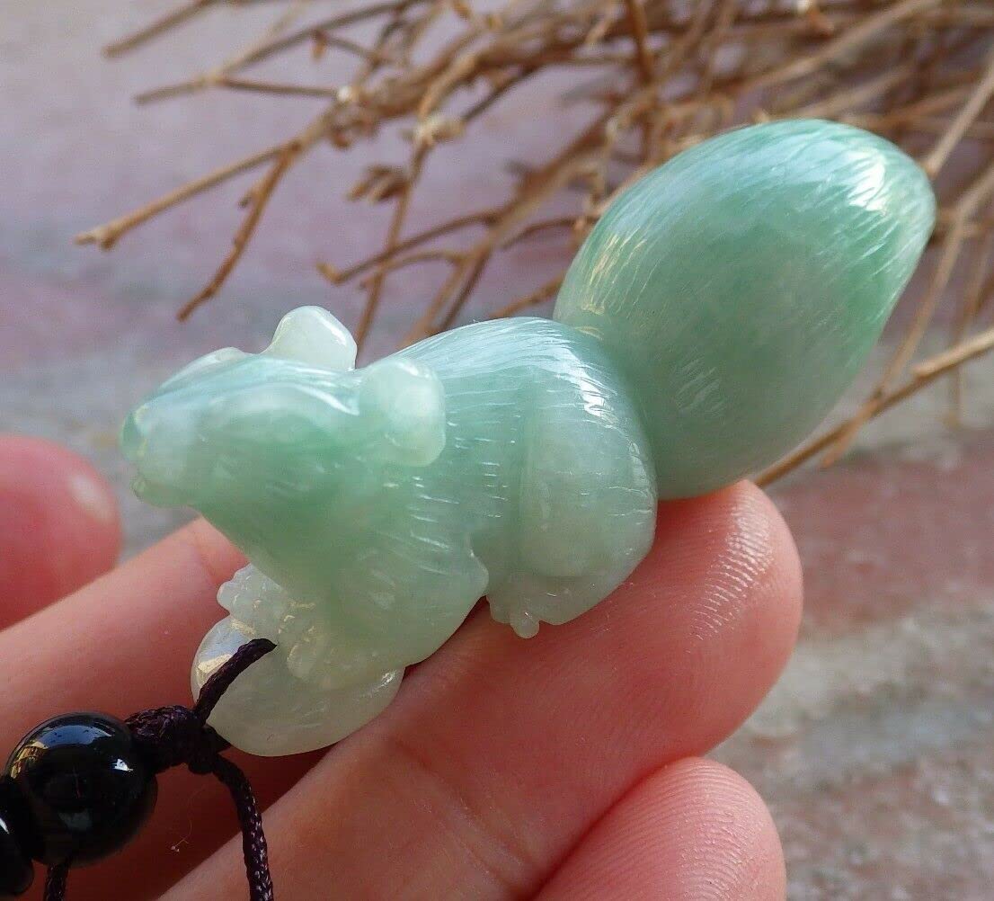 Certified Green Burma 100% Natural Jadeite Pendant Necklace with Squirrel & Coin Charm - Authentic A Jade Jewelry for Wealth & Good Fortune - Perfect for Gifts, Special Occasions & Spiritual Protection