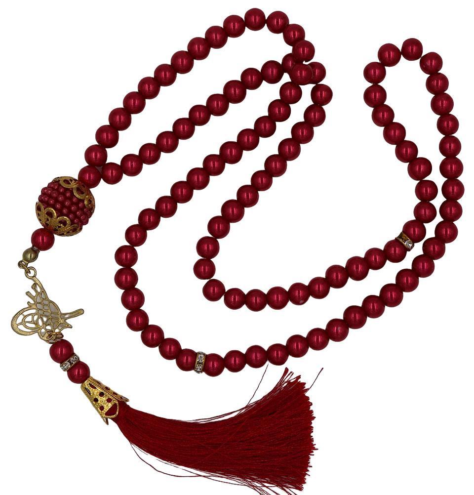 99-Count Islamic Tesbih Acrylic Pearl Prayer Beads with Tughra Tassel - Red Muslim Rosary for Dhikr, Meditation & Spiritual Practice