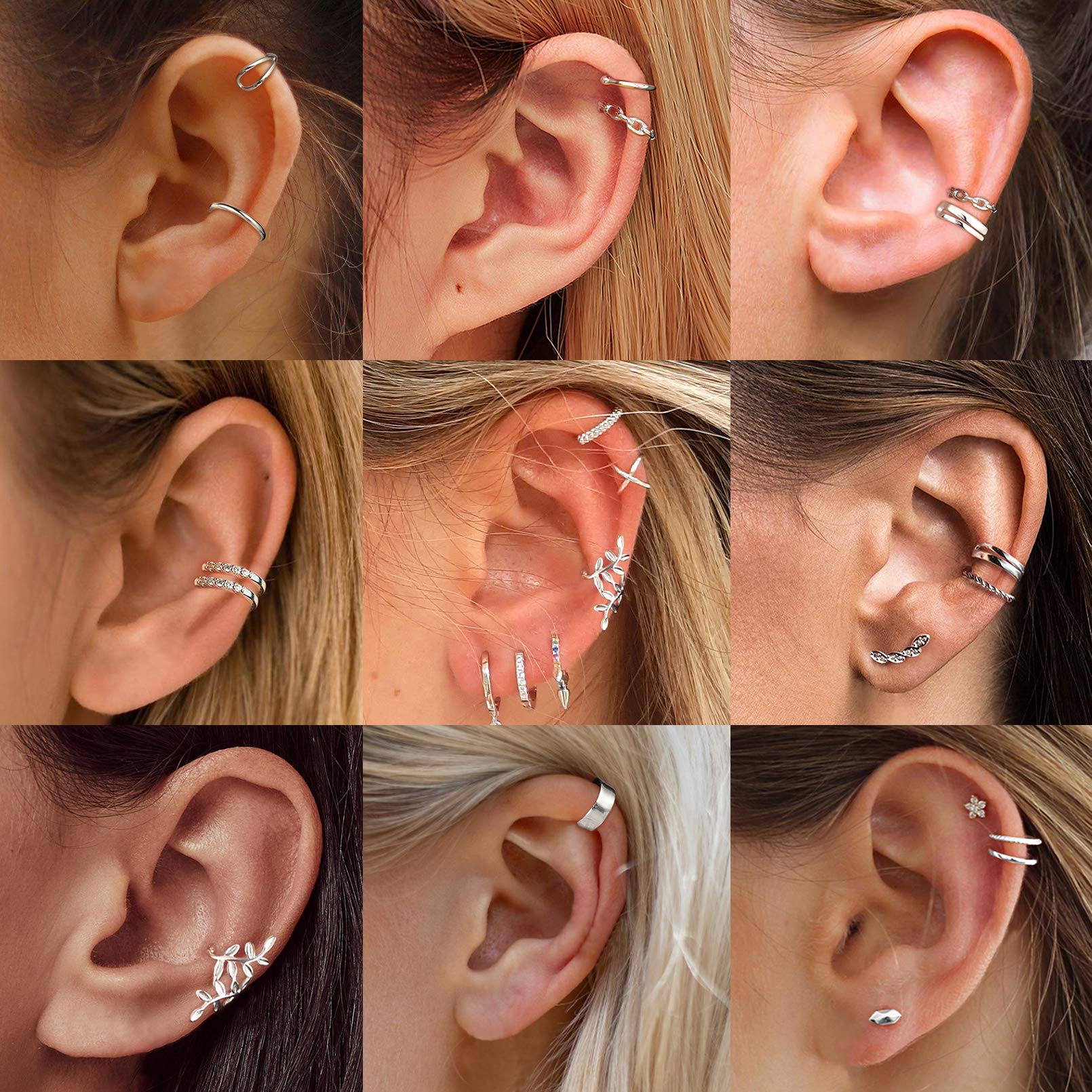 ChicSilver 925 Sterling Silver Non-Piercing Clip-On Cartilage Ear Cuff Earrings for Women - Hypoallergenic Fashion Jewelry with Gift Box - Perfect for Parties, Weddings & Everyday Wear