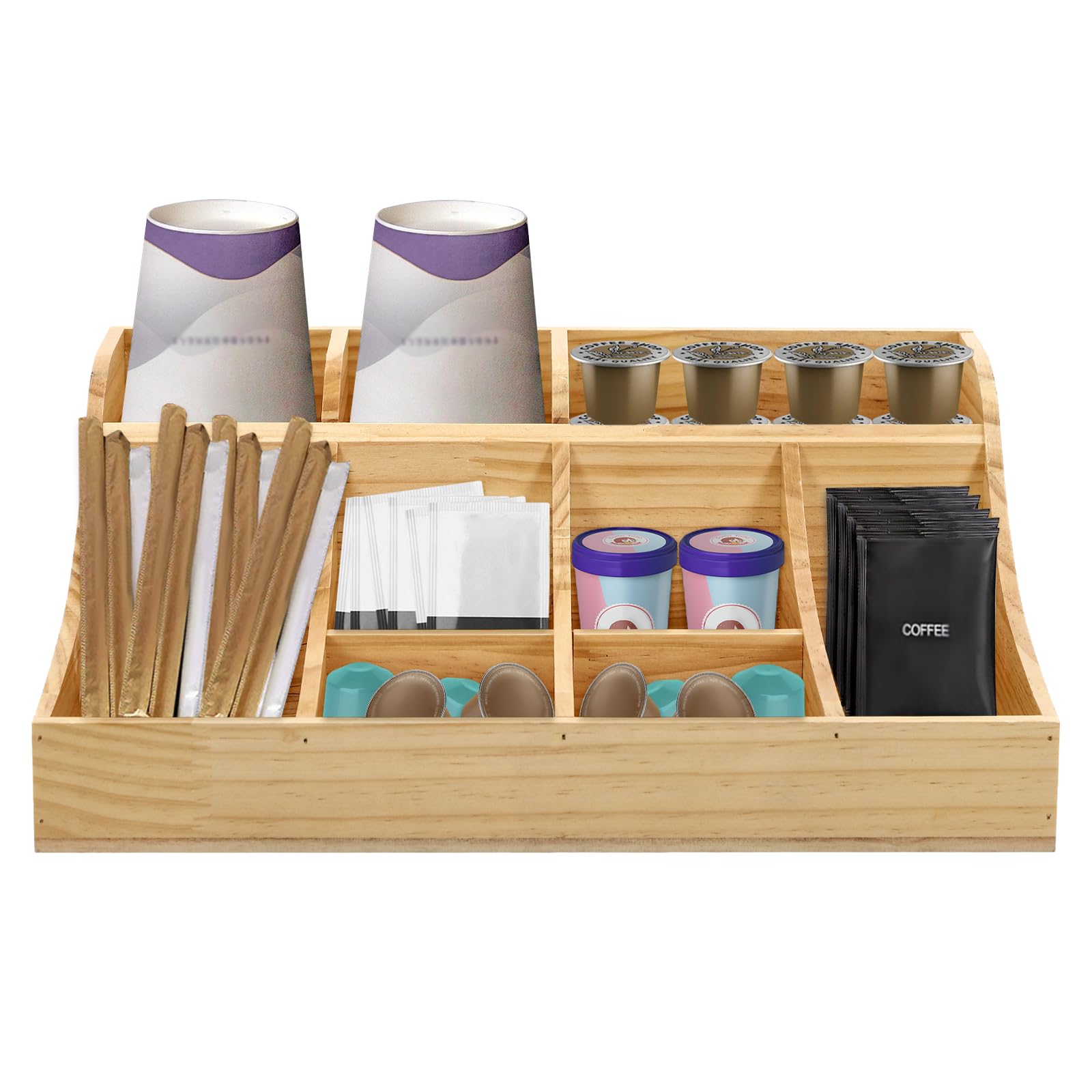 9-Compartment Wooden Condiment Organizer - Tabletop Spice & Coffee Tea Holder for Kitchen, Office, Dining - 16.25x12.5x6.25in Pine Wood Storage Tray (Natural Wood Color) - Perfect for Countertop Organization, Entertaining Guests, and Coffee Station Setup