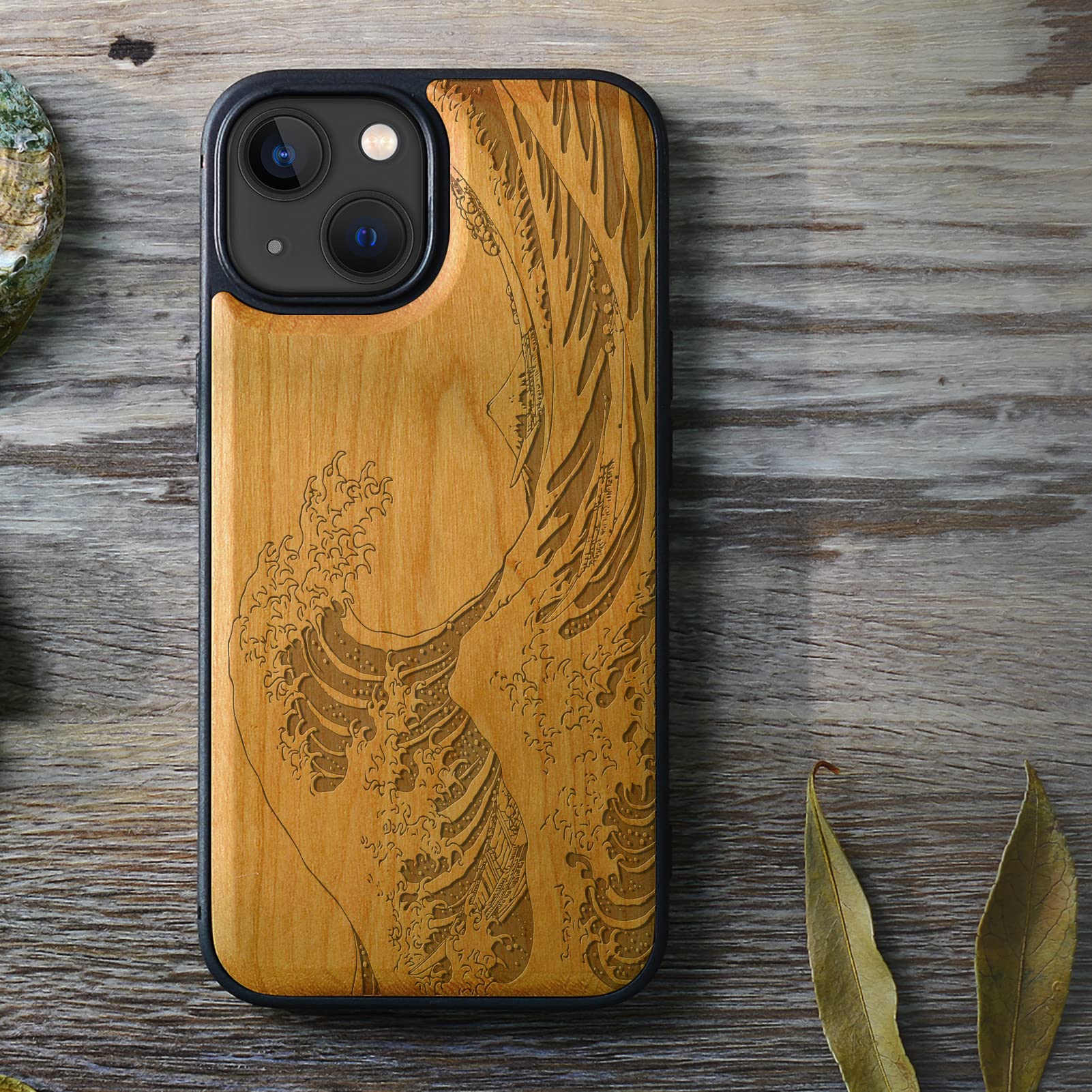 Carveit Magnetic Wooden Case for iPhone 13 Mini - Natural Cherry Wood & Soft TPU Shockproof Protective Cover - MagSafe Compatible - The Great Wave Off Kanagawa Design - Perfect for Outdoor Adventures & Business Meetings