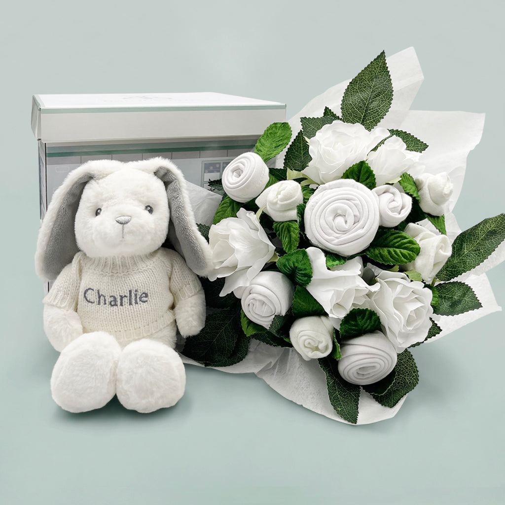 Hand-Tied Baby Clothes Bouquet with Personalized Bunny Plush - White | Perfect for Baby Showers, Newborn Gifts & Nursery Decor