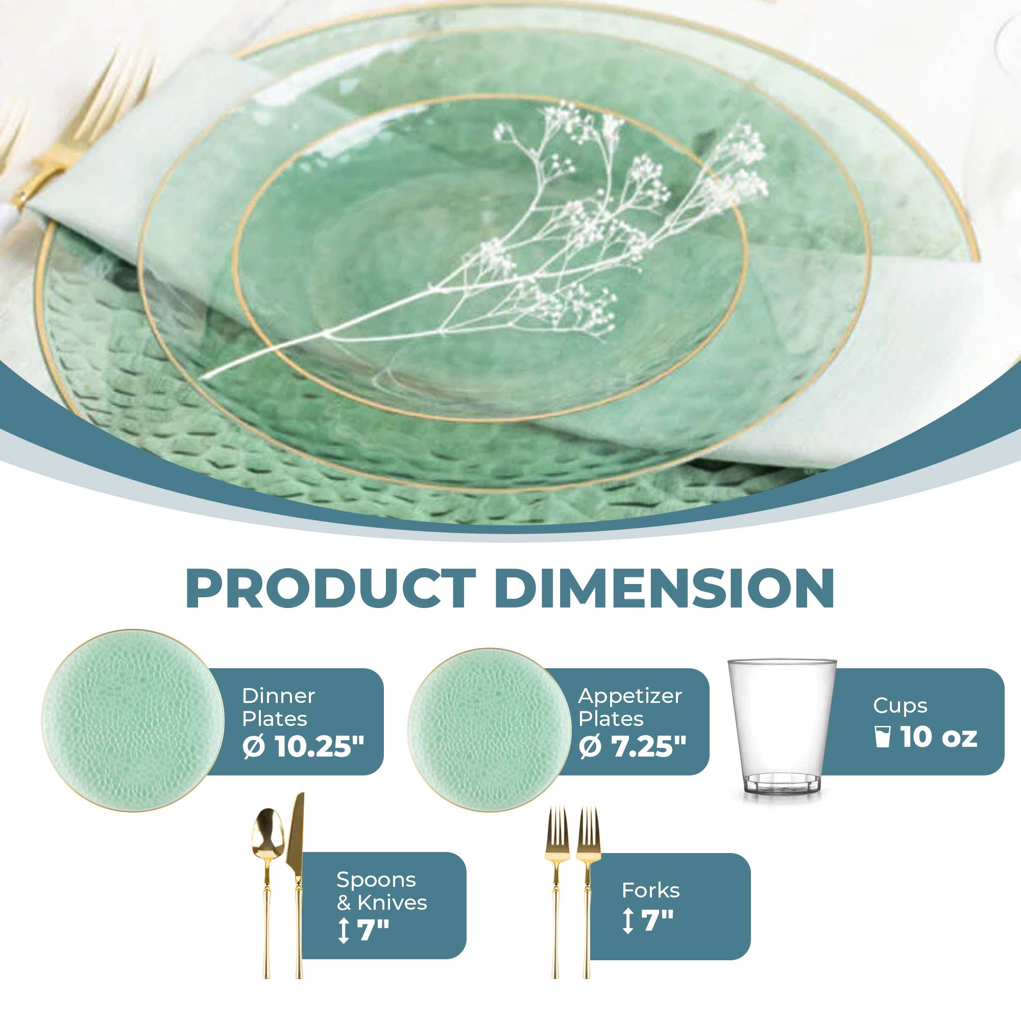 Eco-Friendly Green & Gold Plastic Party Bundle - Organic Hammered Disposable Tableware Set for Birthday, Wedding & Holiday Celebrations