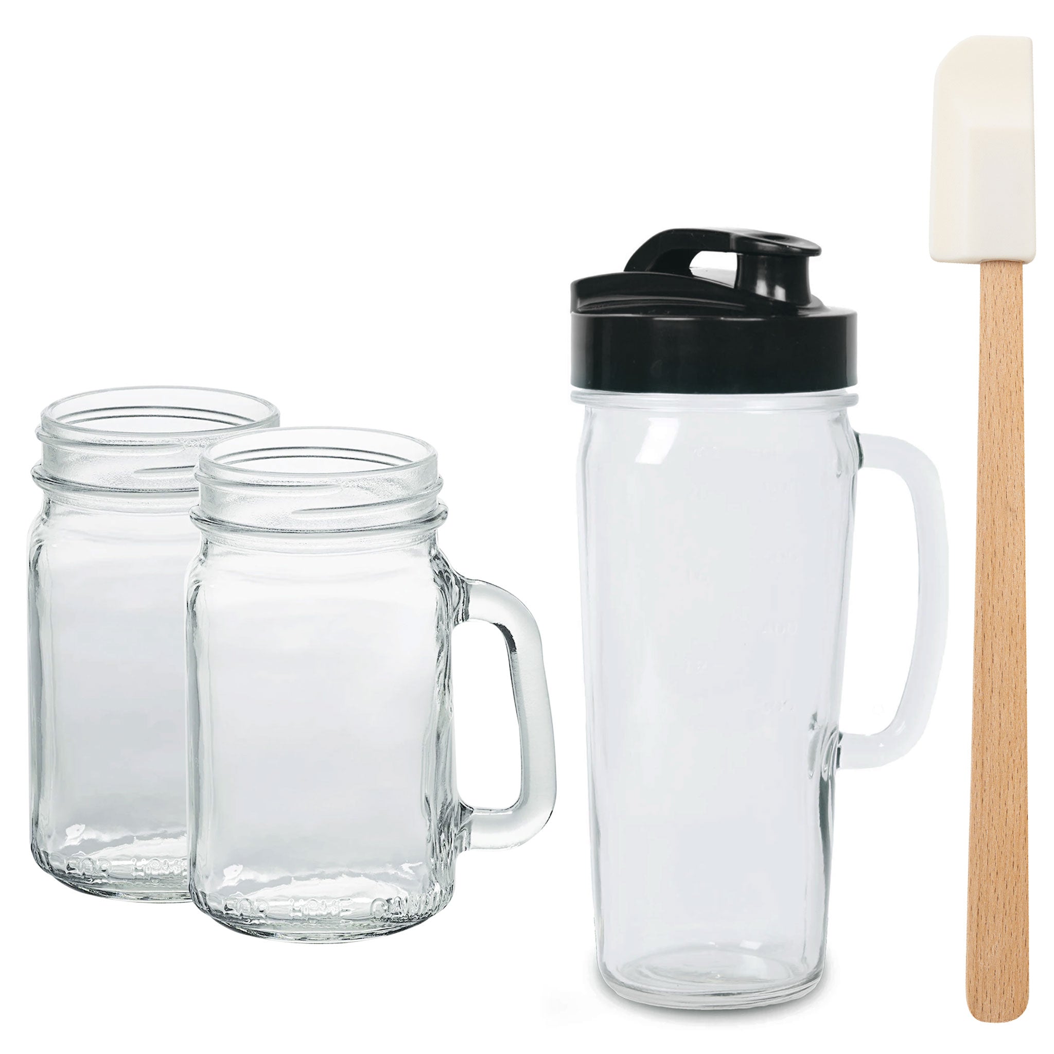 Premium Blender Accessory Set - 2 Glass Mugs, Airtight Glass Container with Lid & Stainless Steel Spatula for Smoothies, Meal Prep & Kitchen Organization