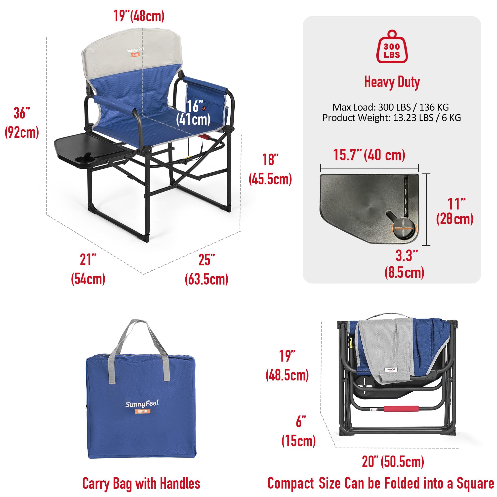 **SUNNYFEEL Heavy Duty Oversized Heated Camping Director's Chair with Side Table & Pocket - Portable Folding Chair for Beach, Fishing, Picnic, Lawn, Concert & Outdoor Adventures - Perfect for Camping, Tailgating & Backyard Relaxation**
