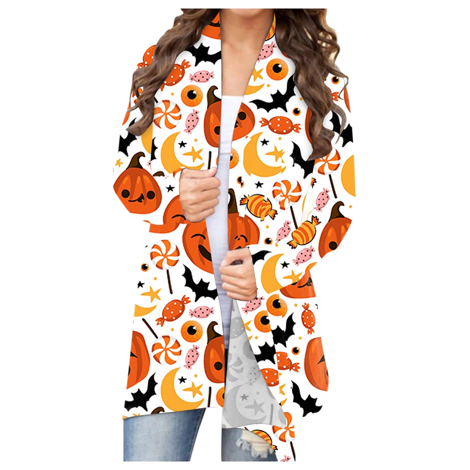 Women's Halloween Bat Print Cardigan - Long Sleeve Slouchy Sweater with Candy Design | Cozy Fall Layering Top for Costume Parties, Office Wear & Casual Outfits