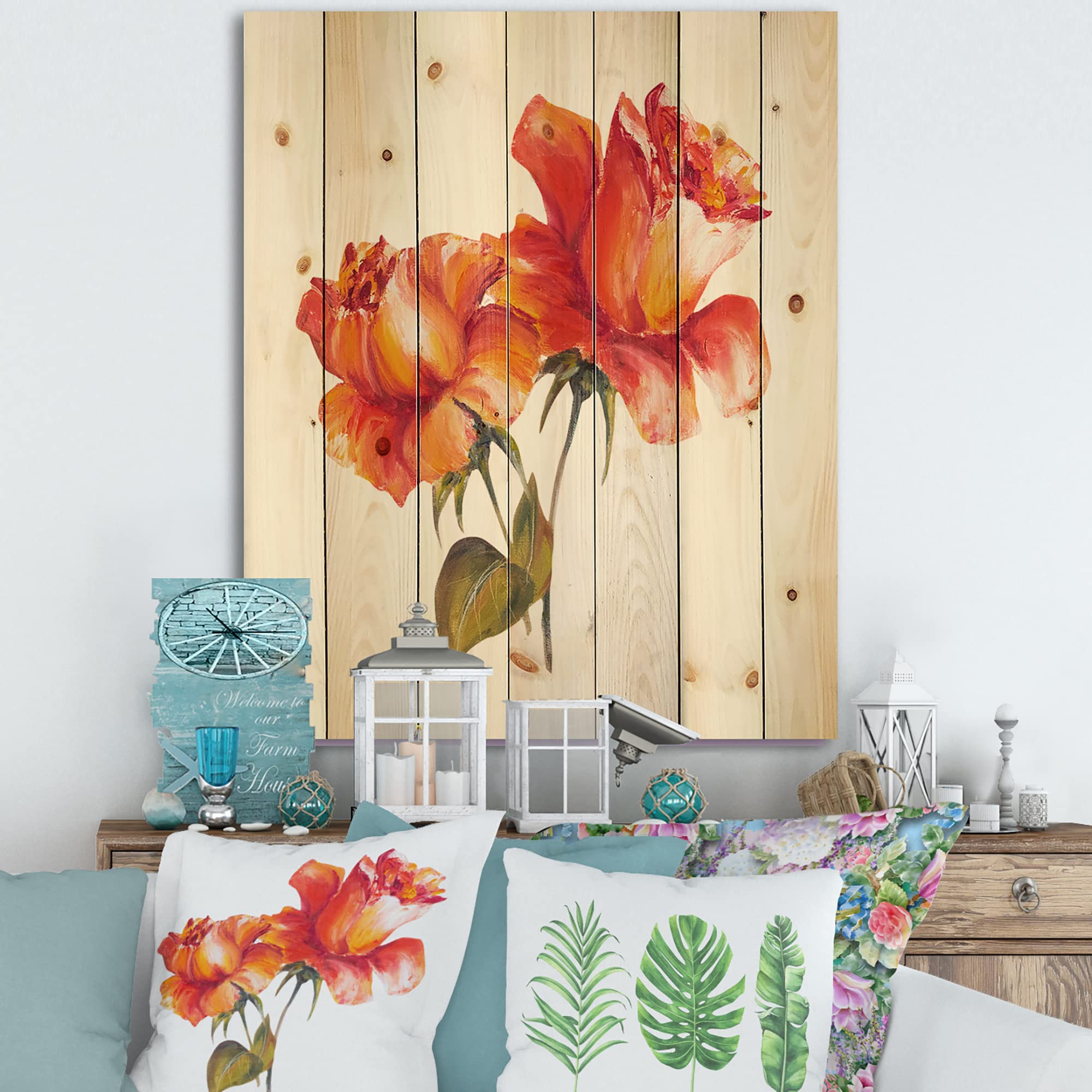 DesignQ Traditional Wood Wall Decor - Two Blossoming Red Roses Floral Art, Large Pine Wood Wall Panel for Living Room, Bedroom & Office Decoration