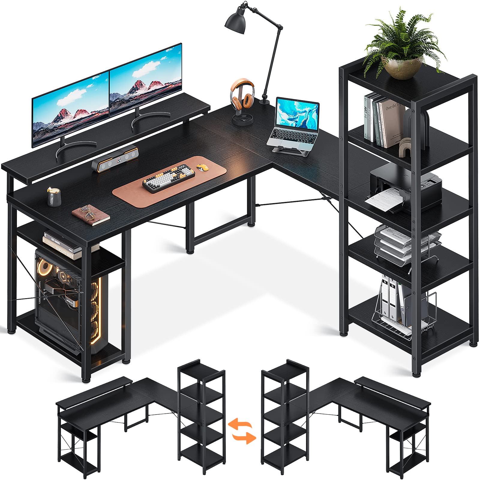ODK L-Shaped Desk with Shelf, Black 140×137 cm - Long Monitor Support, Home Office & Gaming Desk for Workspace & Study Room