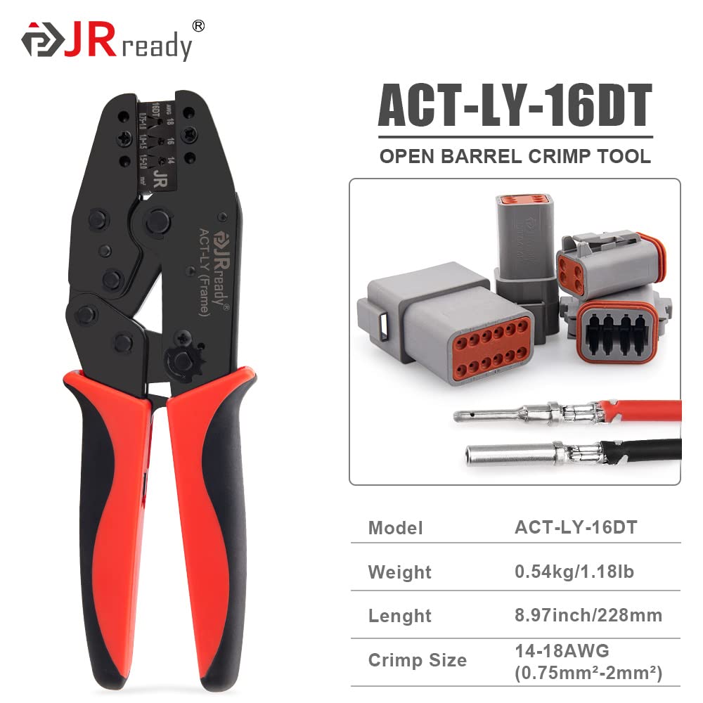 JRready ACT-LY-16DT Deutsch Crimp Tool - Professional Open Barrel Terminal Crimper for DT Connectors (16 Size, 18-14AWG) | Ideal for Automotive Wiring, Electrical Repairs & DIY Projects