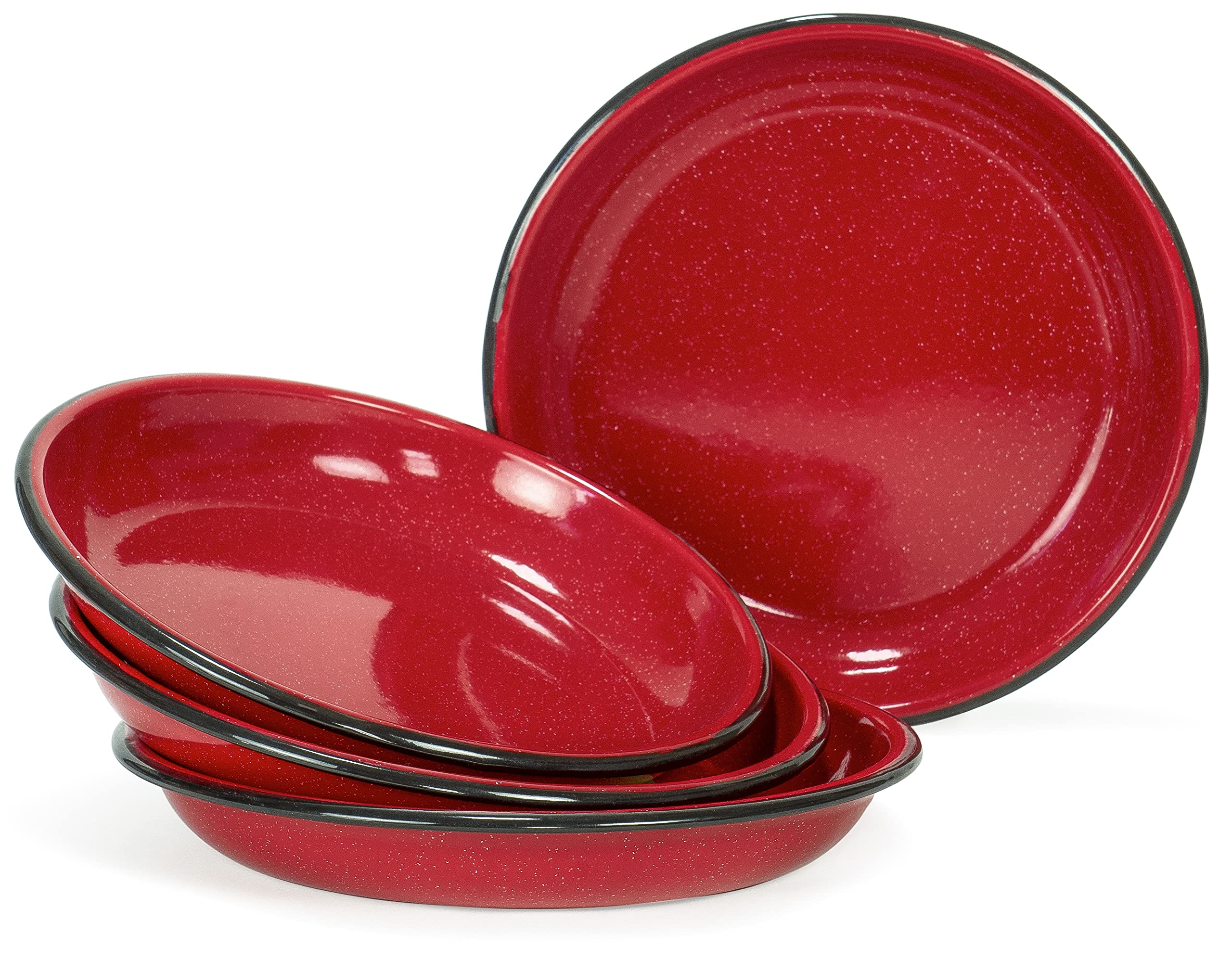 Red Co. Set of 4 Enamelware Metal 10” Round Camping Plates - Speckled White with Red/Black Rim | Durable Outdoor Dinnerware for Picnics, BBQs & Camping Trips