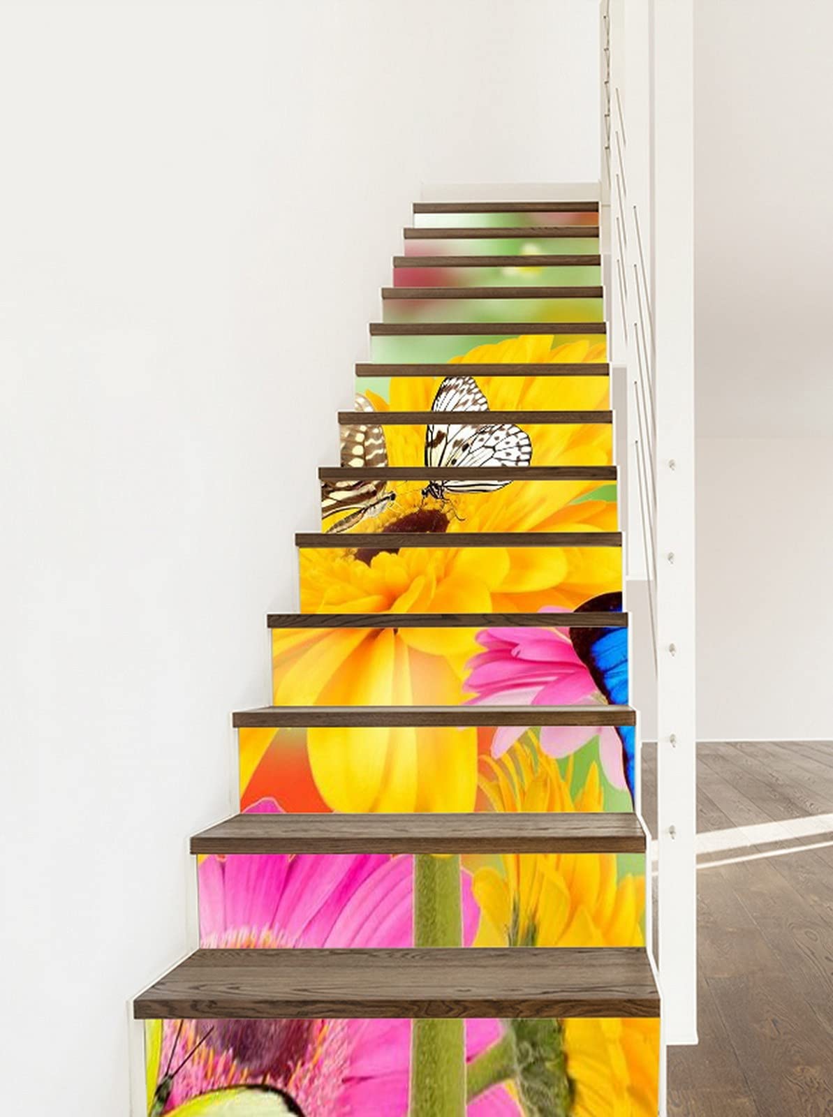 A.Monamour 3D Self-Adhesive Removable Stair Stickers - Spring Floral Yellow Flowers & Butterflies Design - Waterproof Vinyl Decals for Stair Risers, Kitchen Tiles, Walls - 13-Piece Set - Perfect for Home Decor, Nursery, Living Room & Office Spaces