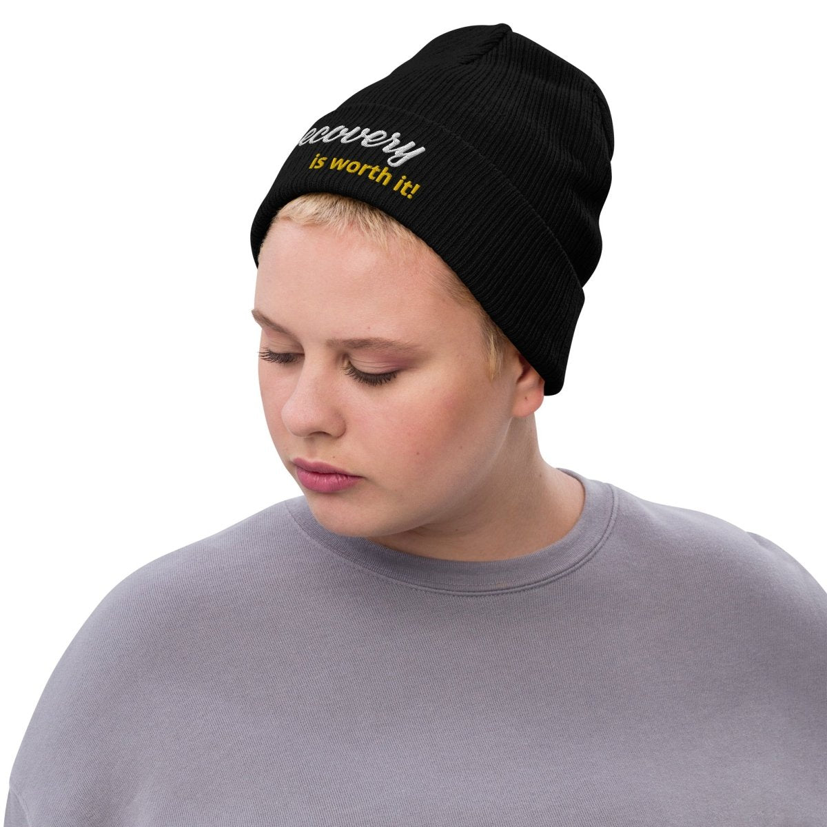 Sustainable 'Recovery Is Worth It' Ribbed Knit Beanie - Eco-Friendly Winter Hat for Men & Women - Perfect for Cold Weather, Outdoor Activities & Casual Style